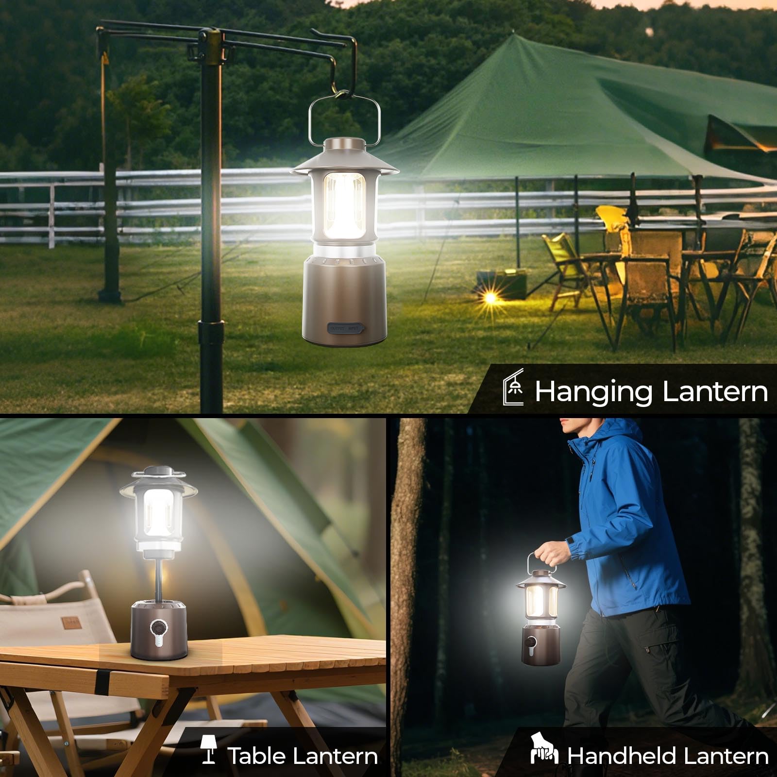 Camping-Laterne, wiederaufladbar, 8000 mAh batteriebetriebene Laterne, Taschenlampe, LED-Camping-Lichter mit 3 Lichtmodi (2000–6500 K), Teleskop-Laternen für Stromausfälle, Hurrikane, Wandern (Bronze)