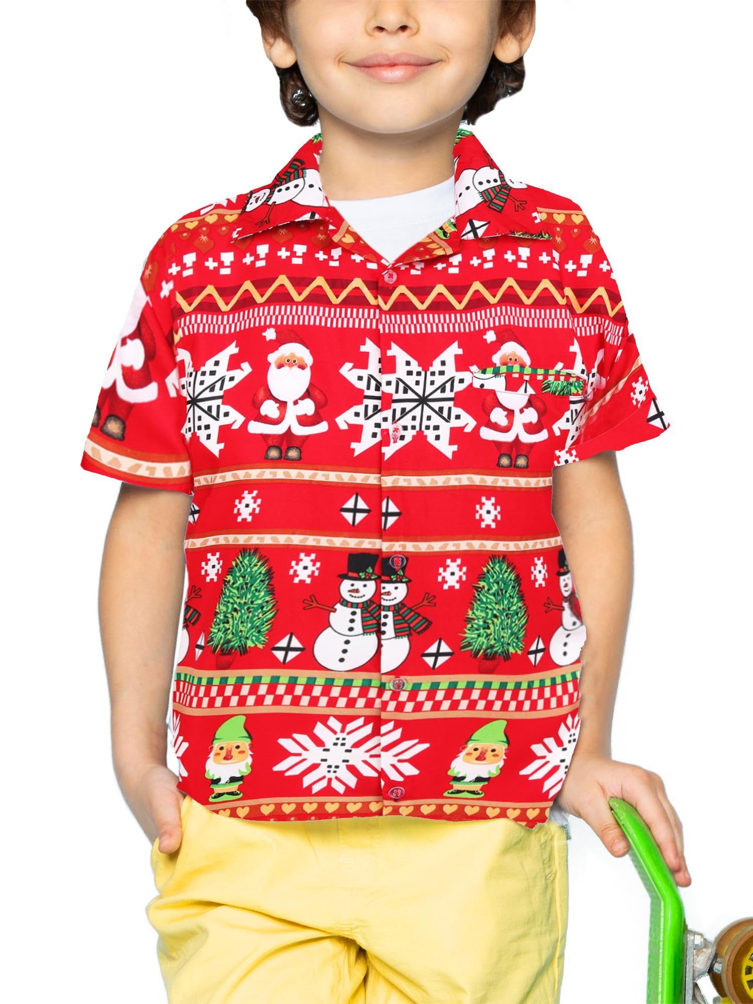 King Kameha Funky - Camisa hawaiana para hombre, manga corta, bolsillo frontal, estampado hawaiano, Navidad, reno, Papá Noel, estampado de nieve