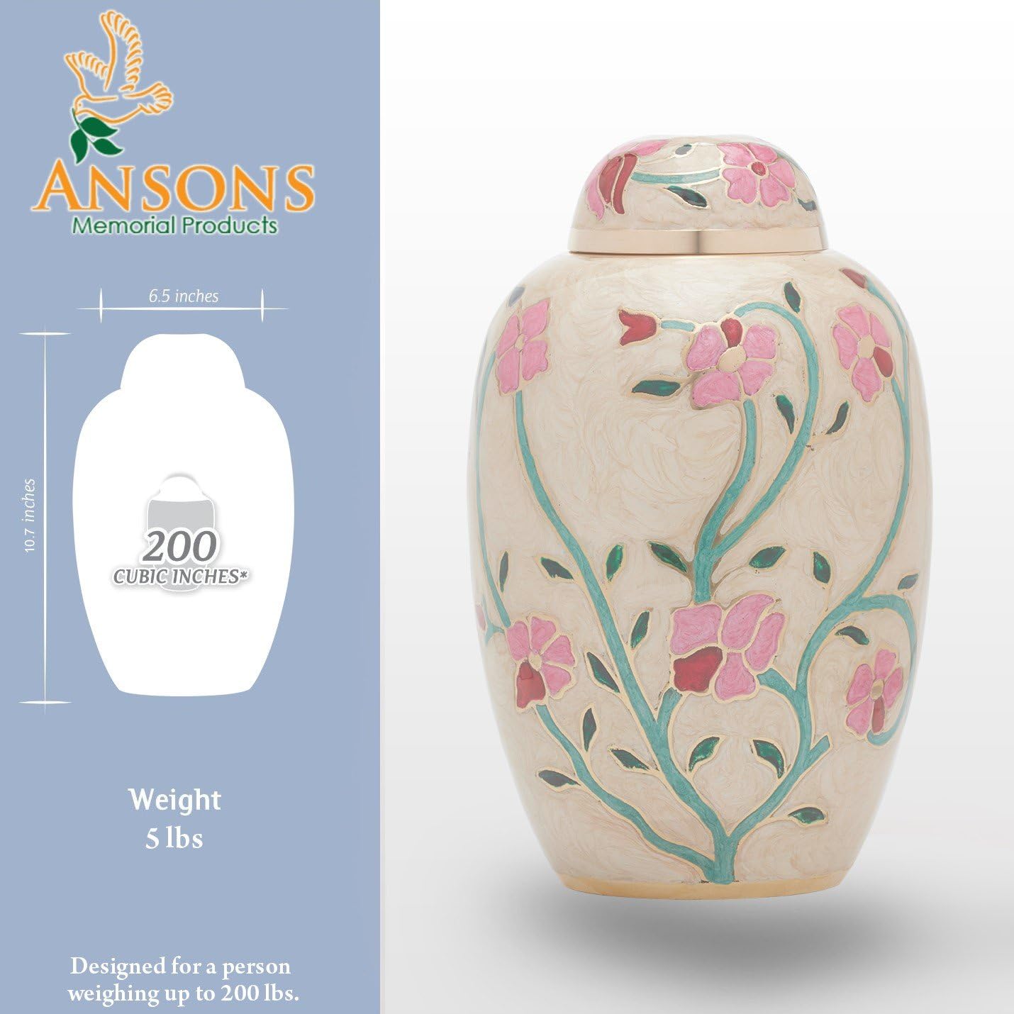 Cremation Urn - Flower Funeral Urn for Human Ashes - Burial urn with Lacquer Finish - 100% Brass - Flora Cream