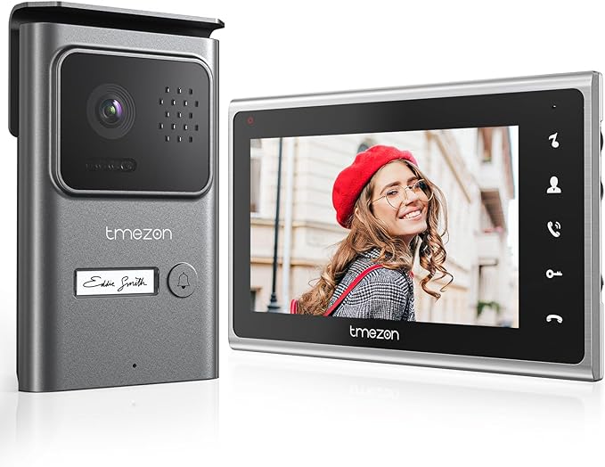 TMEZON Videoportero 2 Hilos,Timbre Video Sistema de intercomunicación con 7 zoll Monitor y Timbre con Cable,Plug & Play, Versión Nocturna, Audio bidireccional, Desbloqueo por Monitor