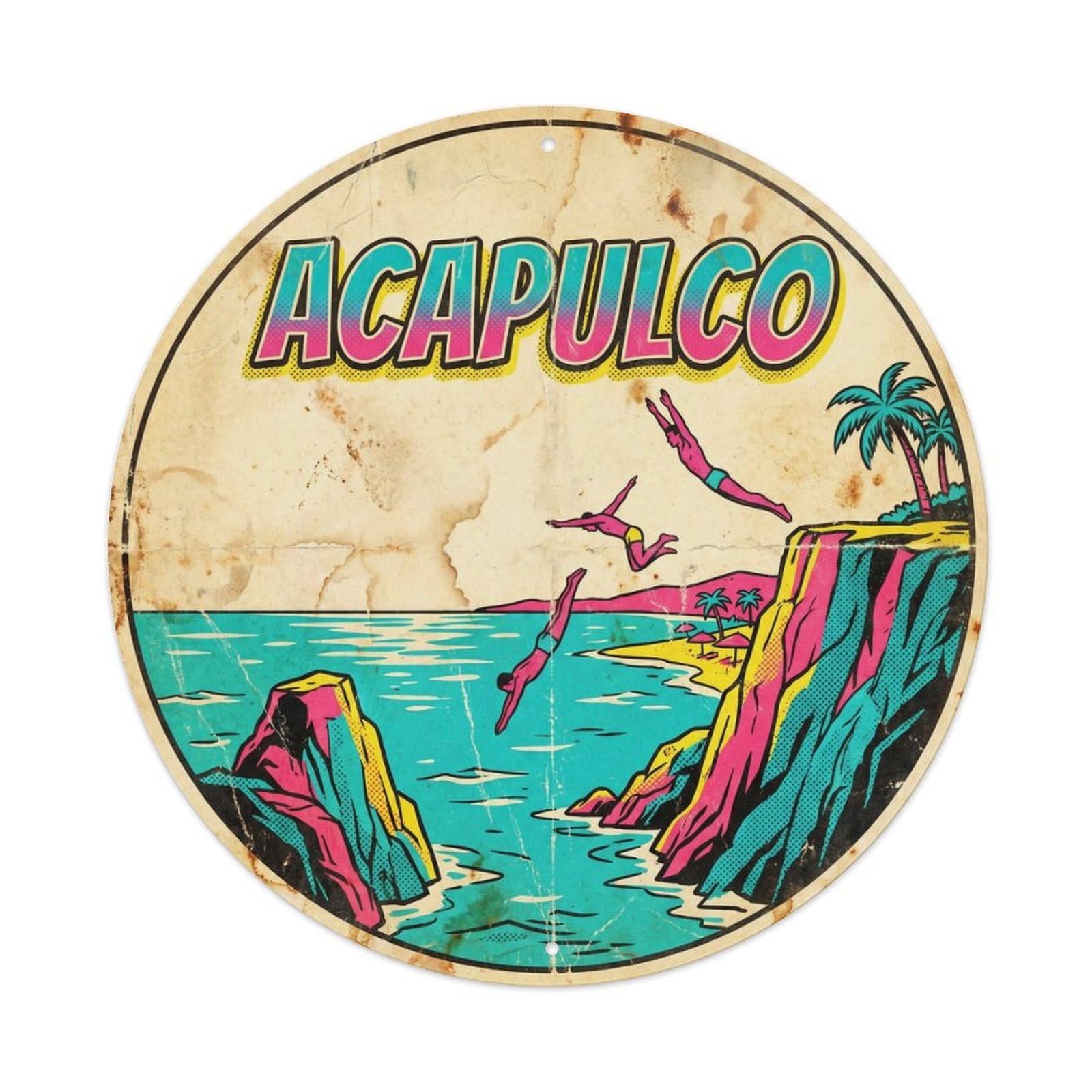 Olhnbad 08X08inch Style Acapulco Coastal Travel Pop Color Destination Metal Tin Sign