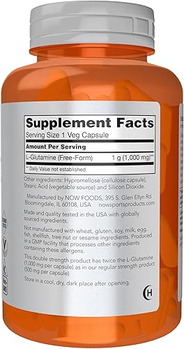 Miniatura 2 de NOW Sports Nutrition L-Glutamine Double Strength 1000 mg Amino Acid 120 Veg Capsules
