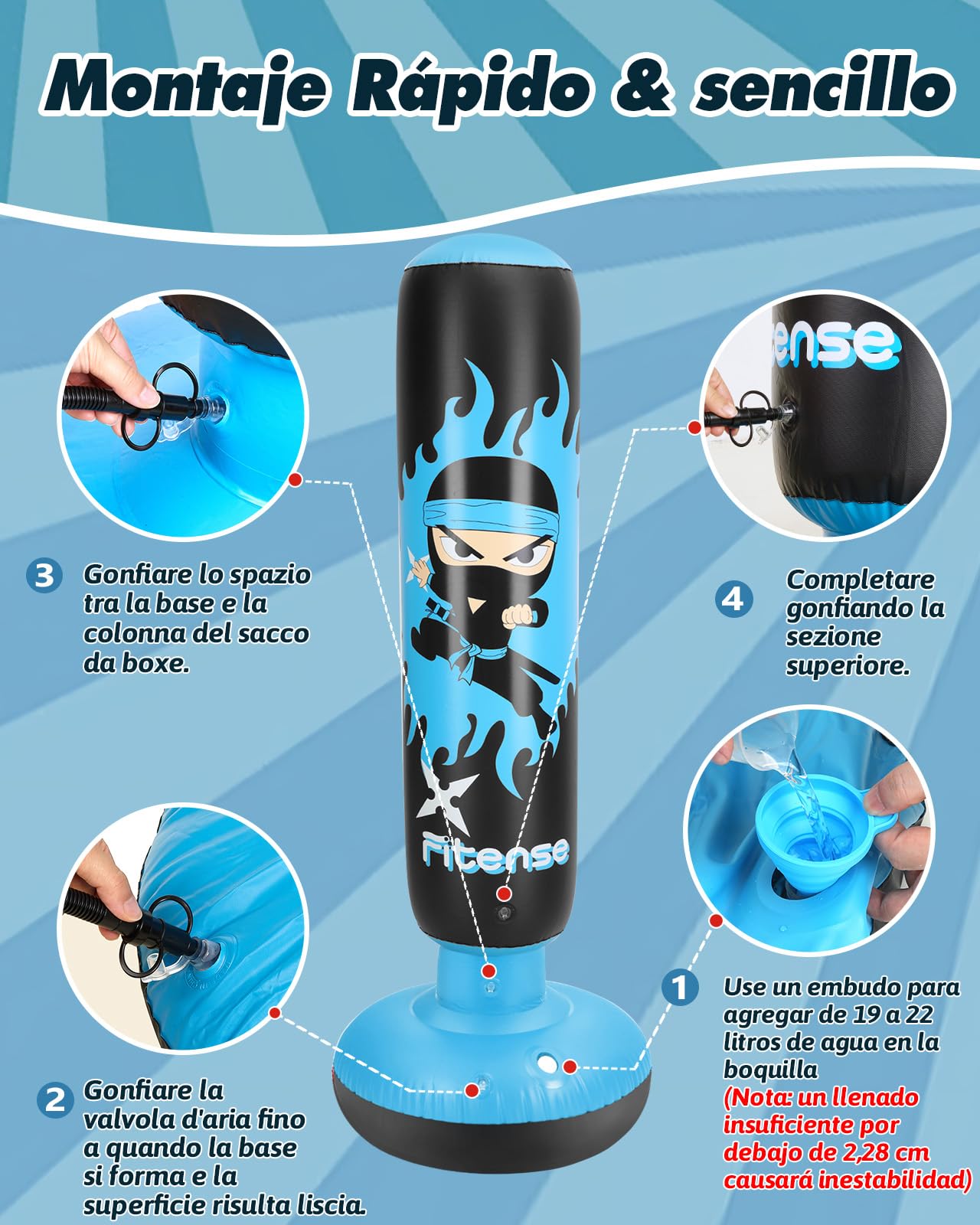Fitense Saco de Boxeo Niños, 160cm Boxeo Saco Inflable con Guantes y Bomba, Punching Ball Estable para 3-12 Años, Set Regalo Saco de Boxeo de Pie para Práctica de Karate, Taekwondo, MMA,Ninja Azul