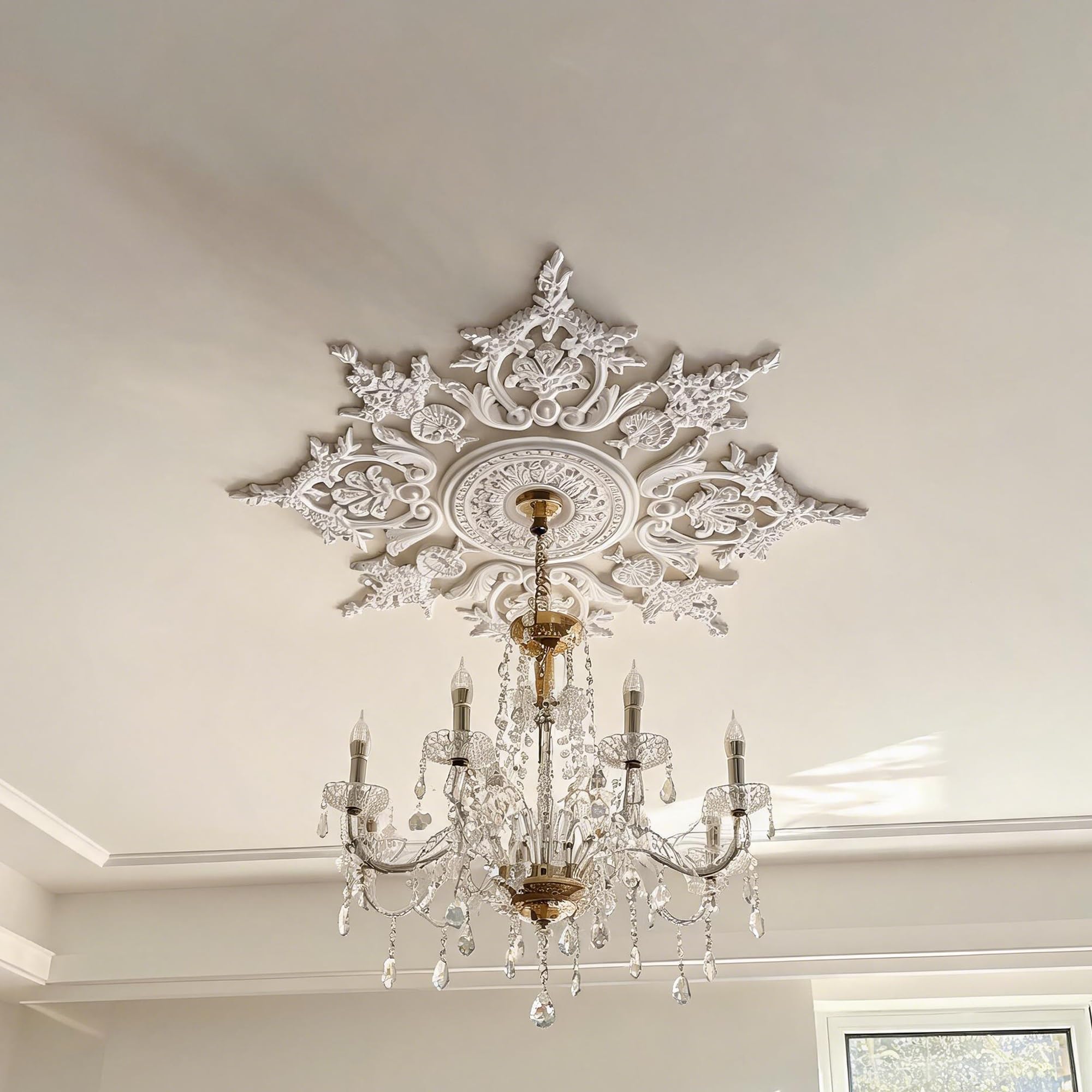 Rosone Lampadario Soffitto Bianco Polistirolo Decorativo | Medaglione del Ventilatore Rotonda Moderno per Pareti Portalampada(108cm)