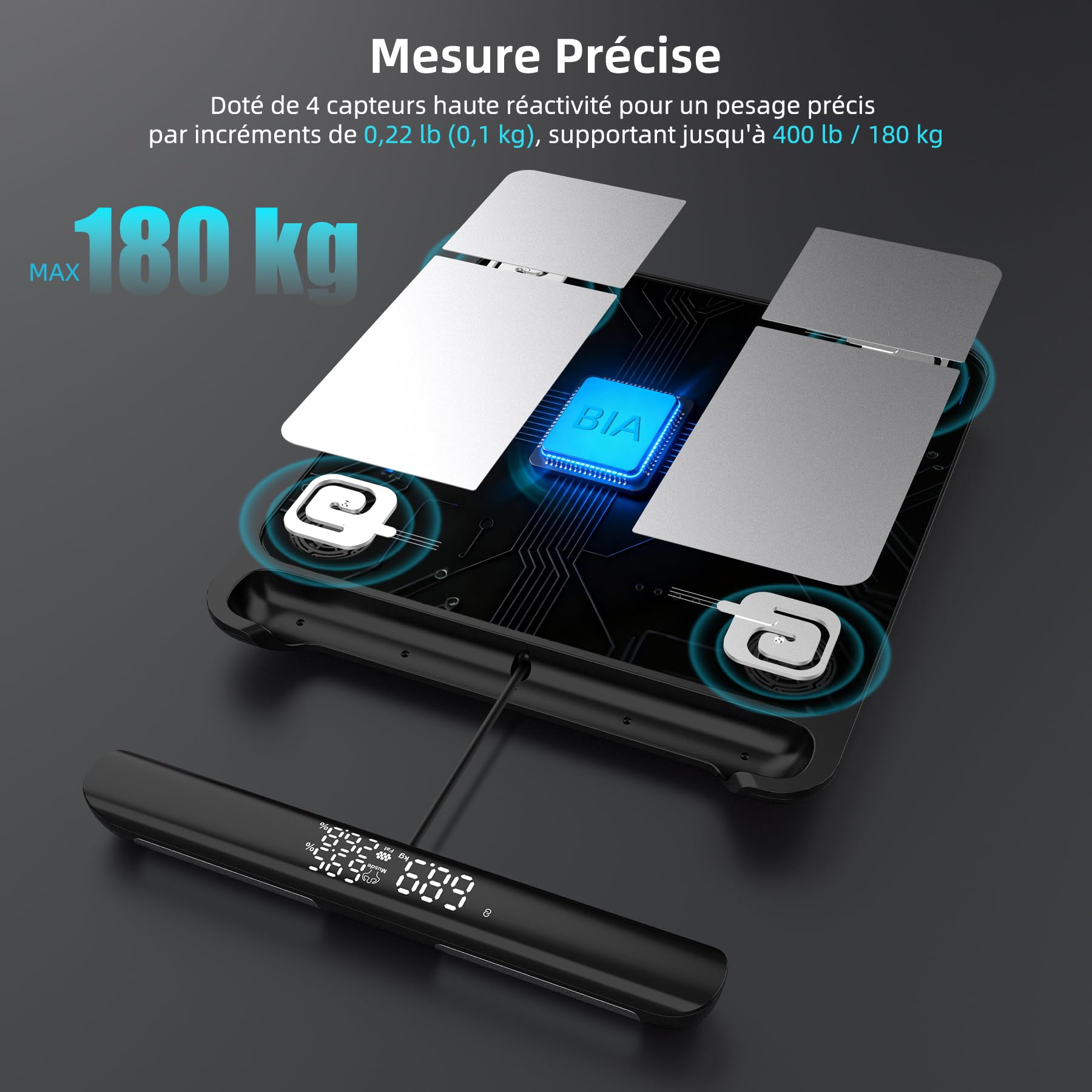 Balance Connectée Impédancemètre 8 Électrodes, Pèse Personne Haute Précision avec Poignée Rétractable, Analyse Corporelle Segmentaire Complète (Graisse, Muscle, Eau, IMC), Max 180kg/400lb