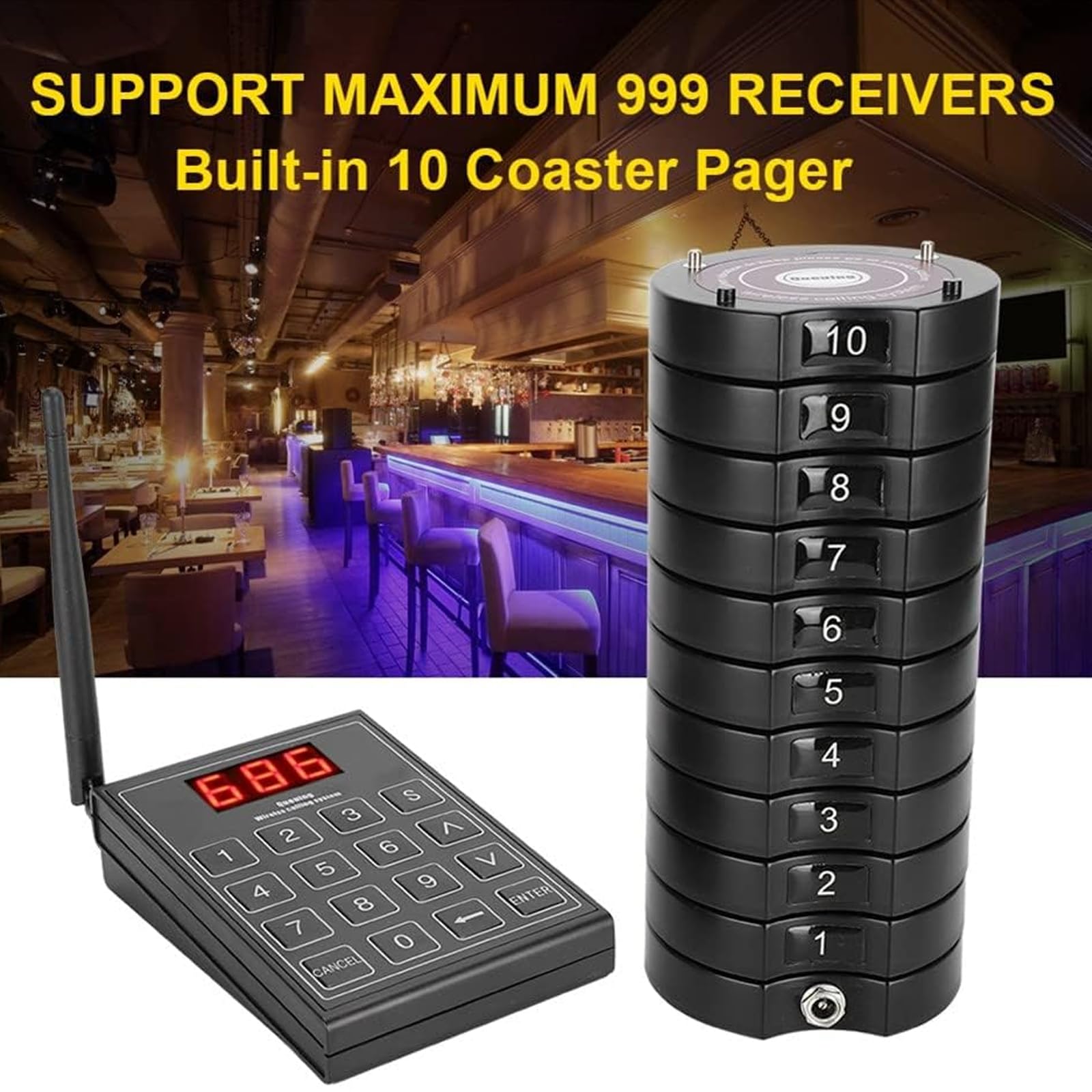 System De Buscapersonas Para Restaurante, 500m Pagers Inalámbricos 10/20/30 Unidades, 3 Modos De Alerta Y 999 Canales, Avisador Coaster Para Gestión De Colas En Café, Bar, Clínica Y Food Cou 10pagers