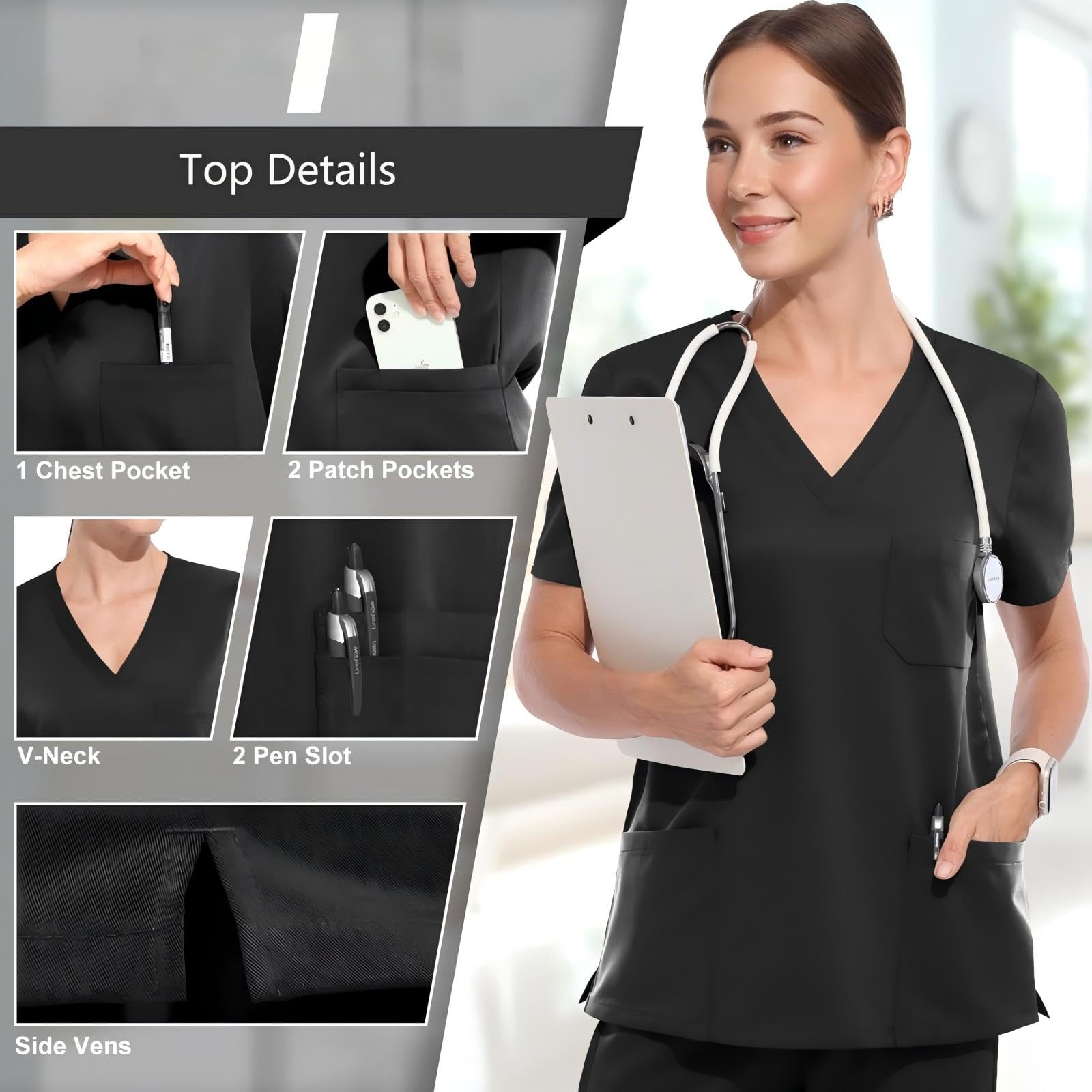 Divisa Infermiere Donna Set con Casacca e Pantalone Medico Manica Corta Camice da Laboratorio Elasticizzato Leggero S-XXL