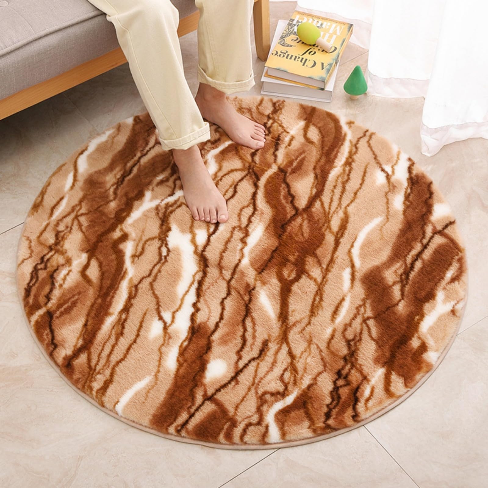 Tappeto Rotondo 100cm Pelo Corto Marrone Bianco Antiscivol Lavabile Carpet | Moderno Morbido Tappeto Fibre Ultrafine,Durevole E Facile Da Pulire,Per Cucina, Corridoio Balcone E Soggiorno
