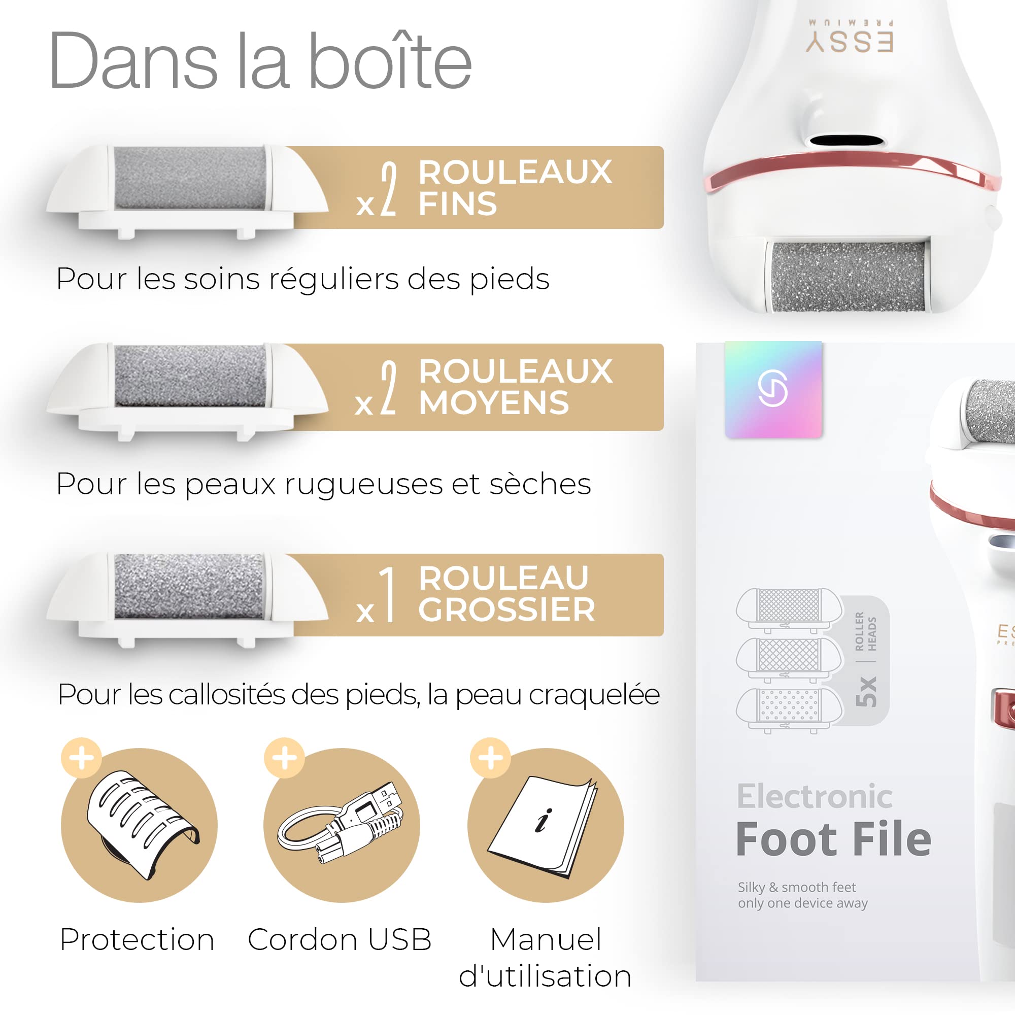 Essy Râpe à Pieds Électrique avec 5 Rouleaux de Remplacement, Ponceuse Rechargeable pour Élimination des Callosités, 2 Vitesses, Écran LED, Charge USB, Kit Pédicure (Blanc)