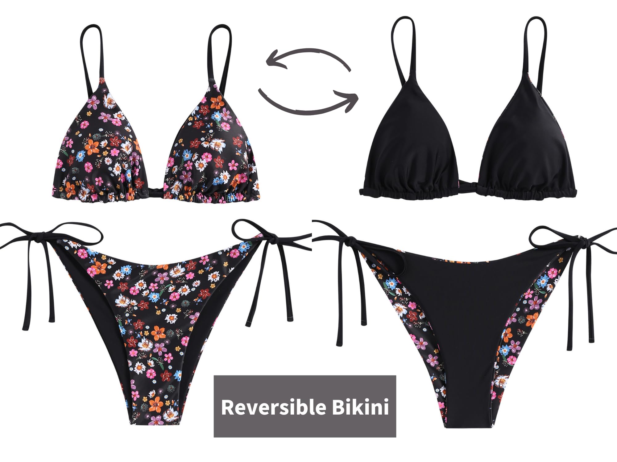 ZAFUL Women's Triangle Bikini Floral String Bikini Set Two Piece Swimsuit Bathing Suits: 2-black Flower Medium