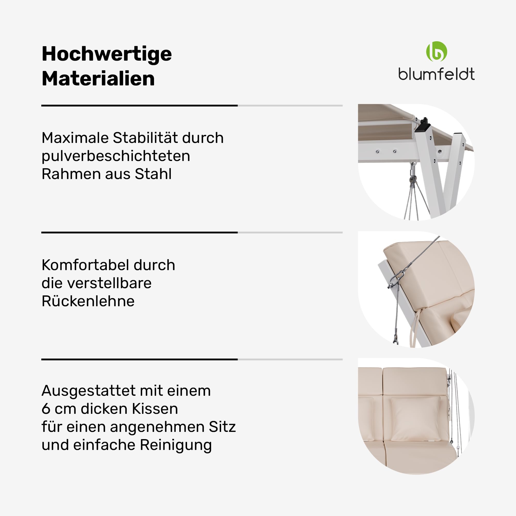 blumfeldt FlexiSwing Hollywoodschaukel 3-Sitzer – Verstellbare Rückenlehne & Sonnendach, 240 kg Belastung, Wetterfester Stahlrahmen, Inklusive Kissen, Gartenschaukel