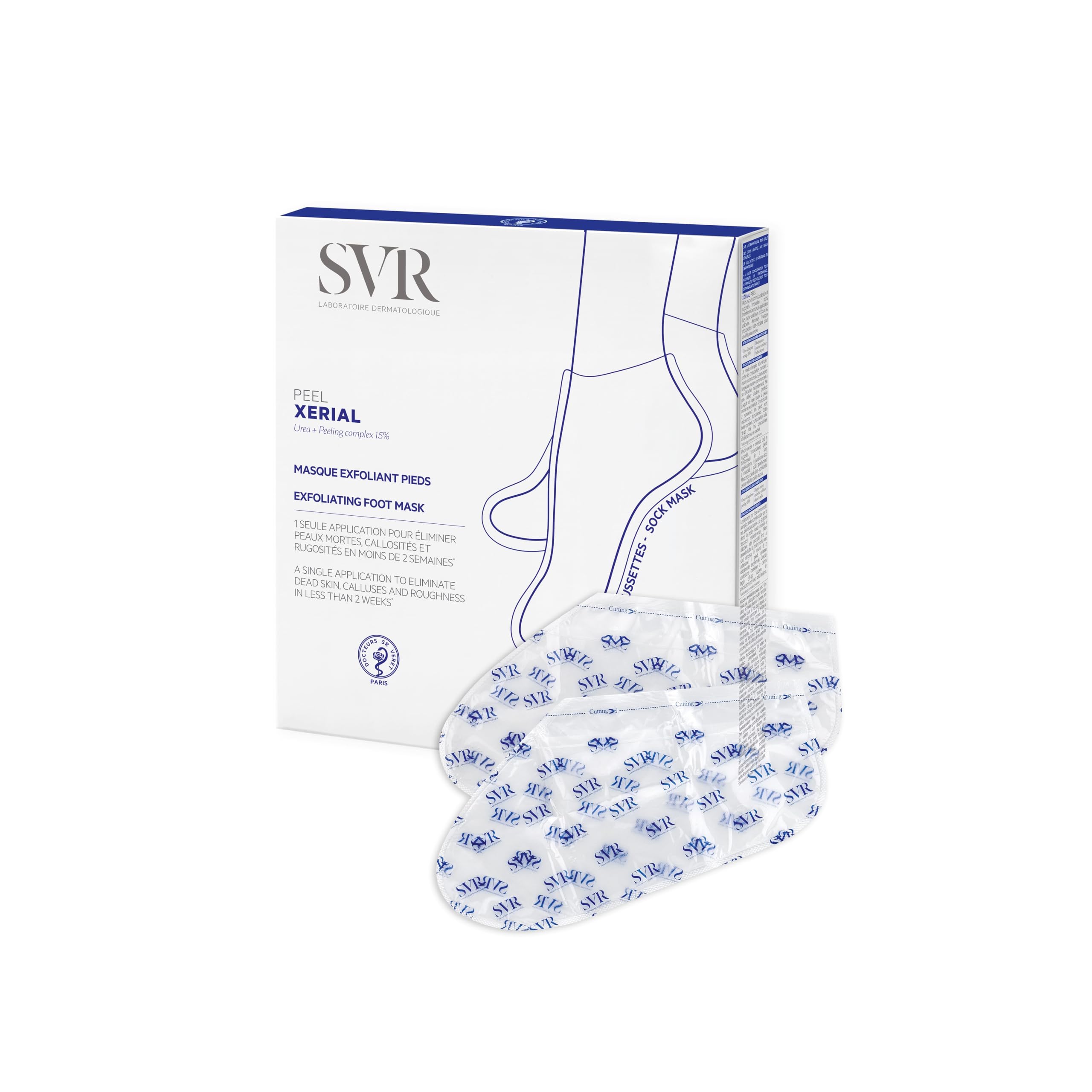 SVR - Xérial Peel - Masque exfoliant pieds - Peeling intensif anti-callosités - Pour pieds secs et abîmés - Urée 15%, acides glycolique et lactique, extraits végétaux - 2 chaussettes