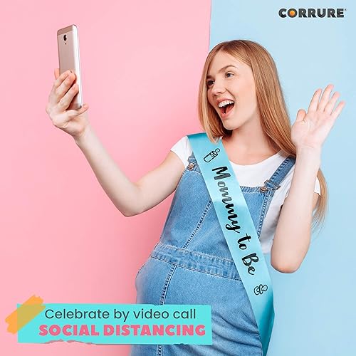 Miniatura 8 de CORRURE Banda para baby shower para niño, banda con la frase "Mommy to Be" con hermosa cinta azul y texto de aluminio negro, ideal para revelación