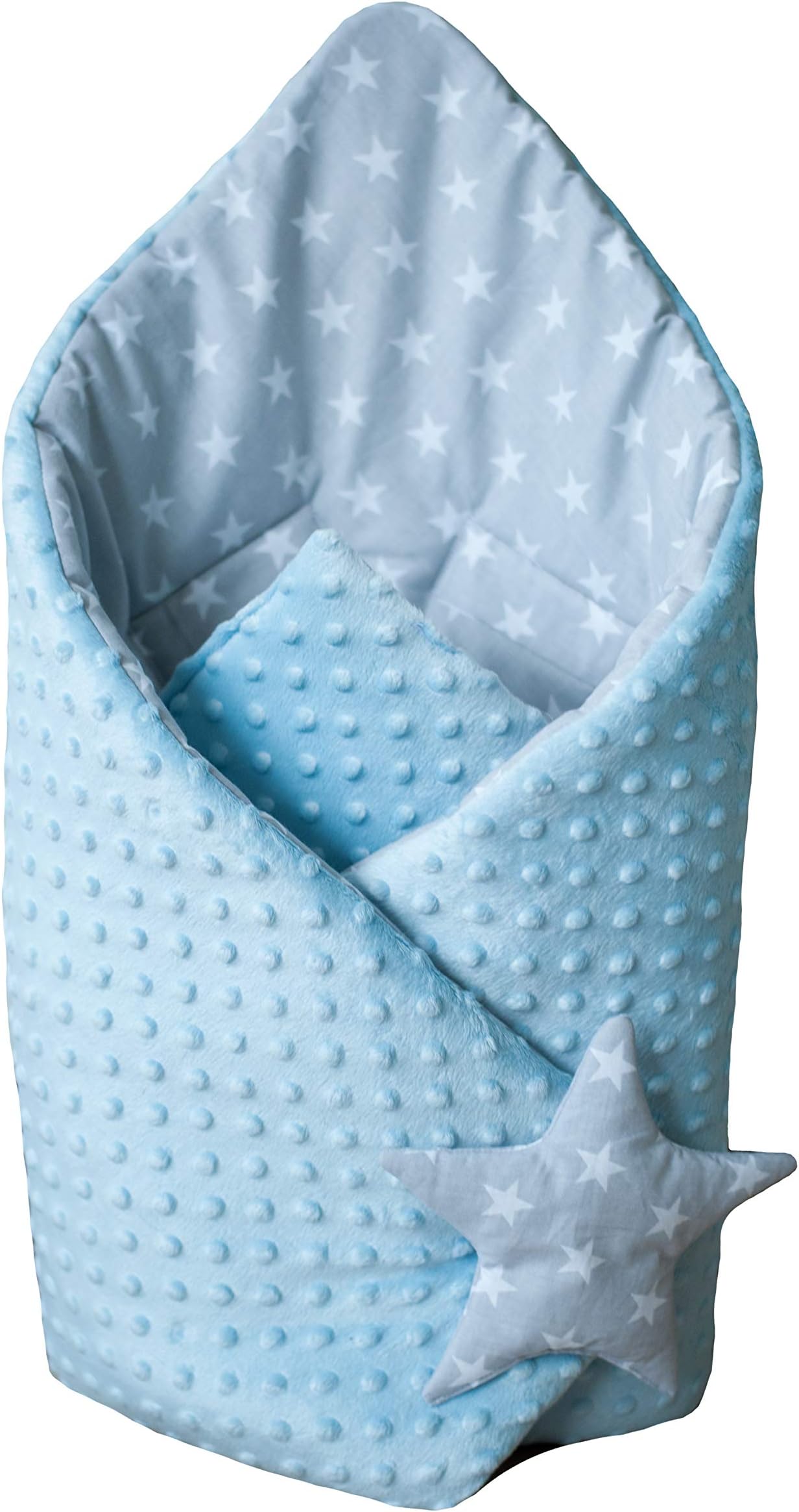 BlueberryShop Minky Fleece Baby Swaddle Wrap Car Seat Blanket, Two-Sided Sleeping Bag for Newborns, Intended for Kids Aged 0-3 Months, Blue - Grey Stars