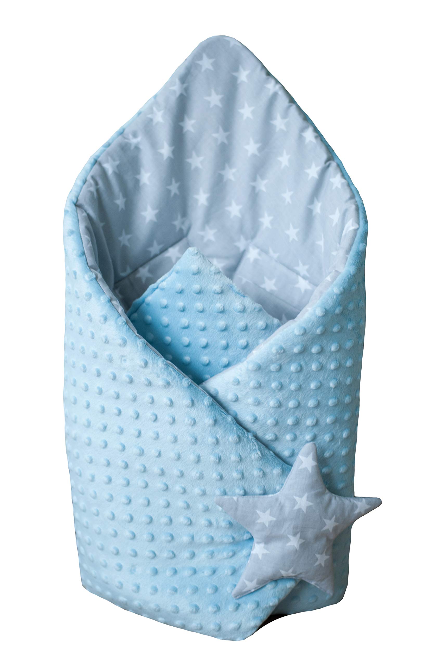 BlueberryShop Minky Fleece Baby Swaddle Wrap Car Seat Blanket, Two-Sided Sleeping Bag for Newborns, Intended for Kids Aged 0-3 Months, Blue - Grey Stars