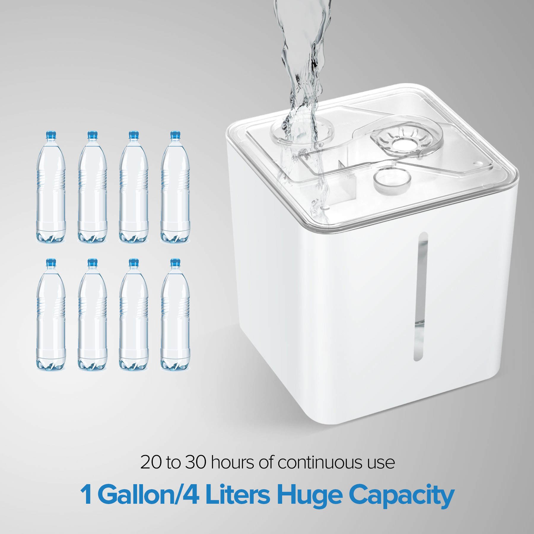 Diagram showing key features: Touch Control, Aromatherapy, 4L Capacity, 360 degree Mist Nozzle, Night Light