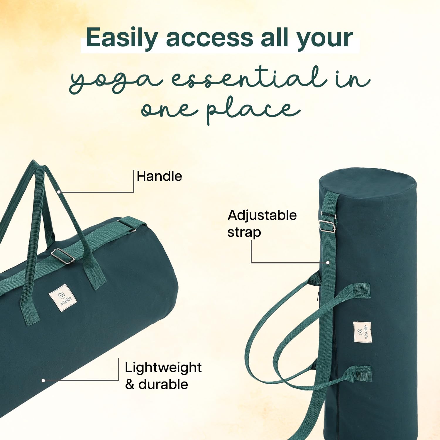Wiselife Yoga Mat Bag for XL Mats β Green | Durable Cotton Canvas, Full Zip Closure, Adjustable Strap, Spacious Side Pocket | Yoga Mat Carry Bag for Men & Women 1