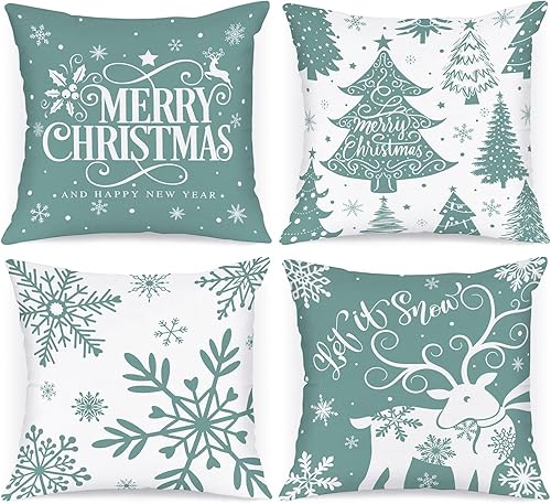 Lanpn Juego de 4 fundas decorativas de almohada navideñas de 16 x 16 pulgadas, color blanco y verde, funda de almohada decorativa de invierno de 16