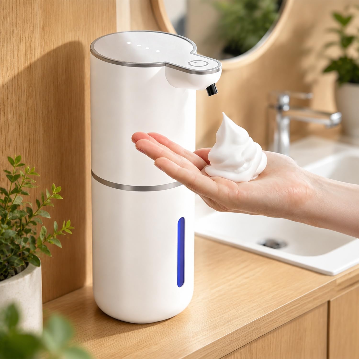 Amyzavls Seifenspender Automatisch für Schaum, Wandbefestigung Berührungslos Elektrischer Seifenspender mit Sensor, 4-stufige, USB Wiederaufladbar, 380ml, für Bad, Küche und Toilette, Perlweiß