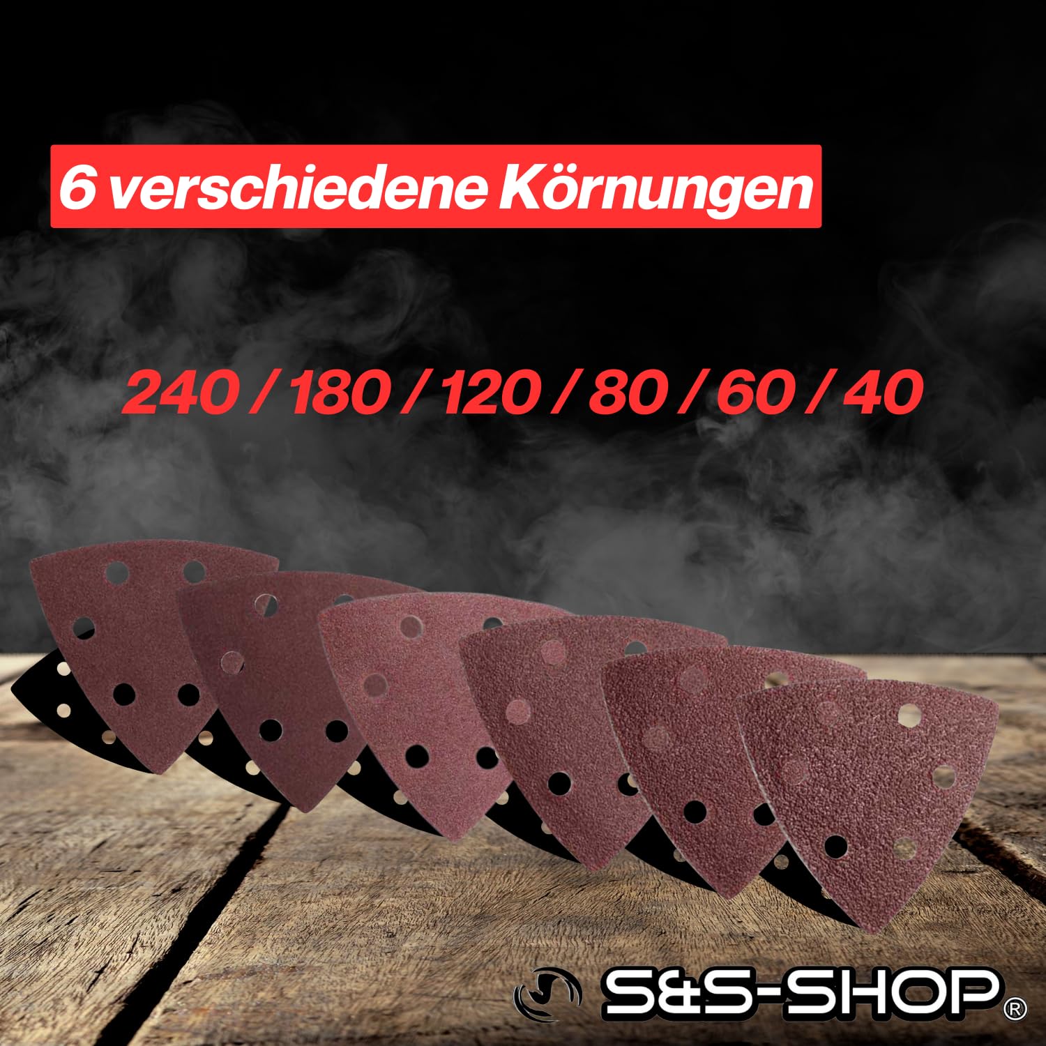 Trójkąty szlifierskie Delta z rzepem, 120 arkuszy mix, 93 x 93 x 93 mm, 6 otworów, po 20 x ziarnistość 40/60/80/120/180/240, do szlifierek delta, szlifierek trójkątnych, odsysania pyłu