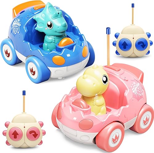 Miniatura 7 de Kidz do Auto de control remoto de dinosaurios para niños pequeños, paquete de 2 autos a control remoto, dos autos de carreras de dinosaurios,