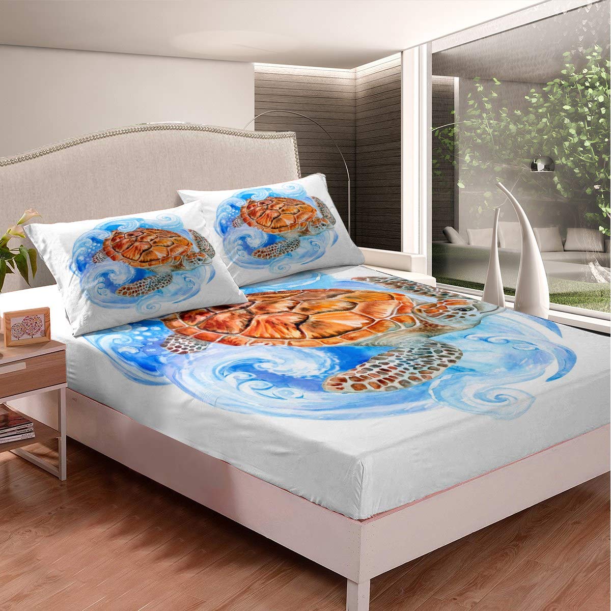 Loussiesd Kids Sea Turtle Fitted Sheet Cartoon Reptile Printed Bed Sheet Set For Boys Girls Ocean Marine Themed Bedding Set Blue Sea Wave Bed Cover Room Decor Double Size