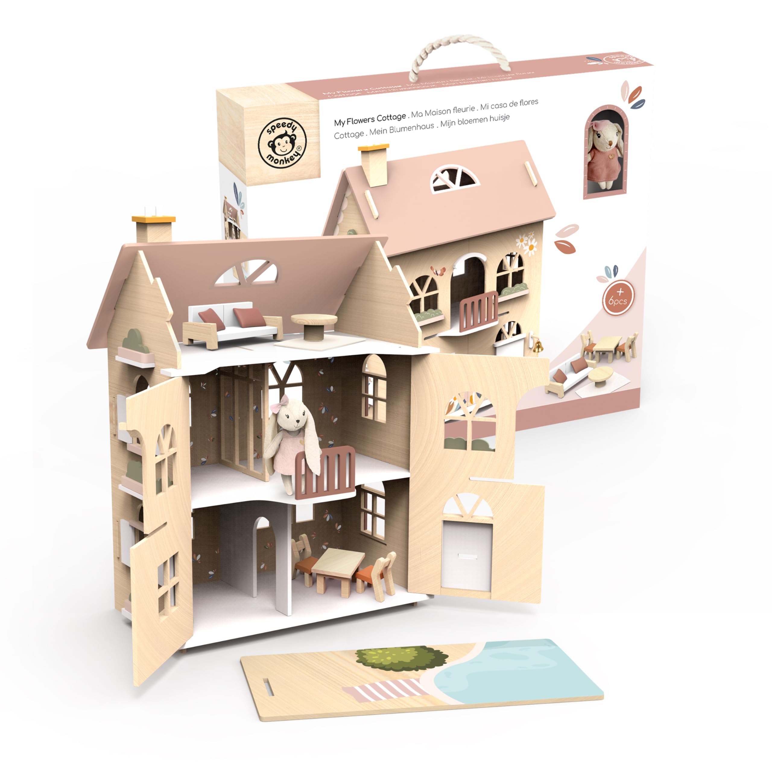 Speedy Monkey Flowers Cottage Starter Set: Elegant Wooden Dolls House | Beautiful Multicolour Play House | FSC Certified Includes Furniture, Safe Tiny House Wooden Toys for Kids
