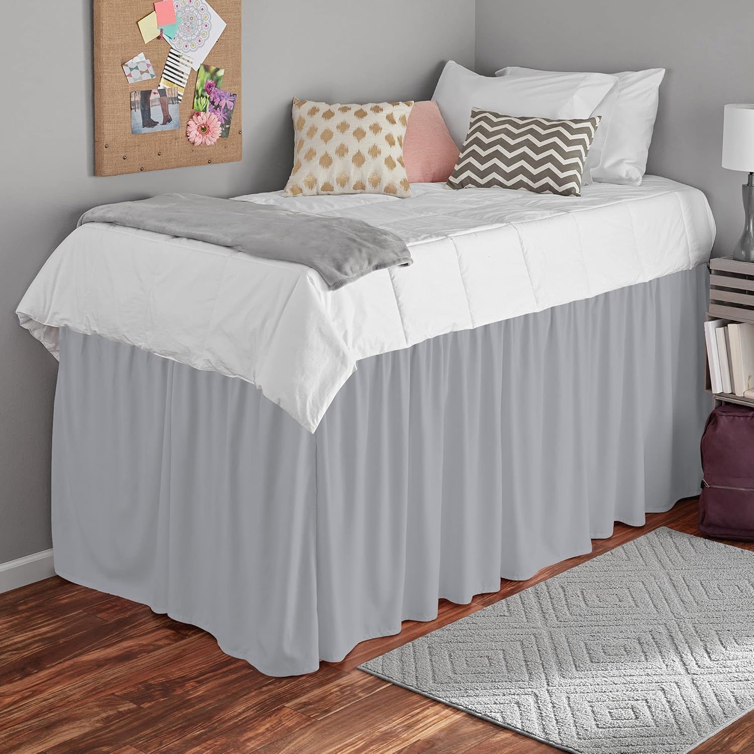 Bed Skirt for Dorm Room, Ruffled Dorm Sized Bed Skirt Three Fabric Sides College 100% Cotton 400 Thread Count Twin XL Size 34" Drop Silver Grey