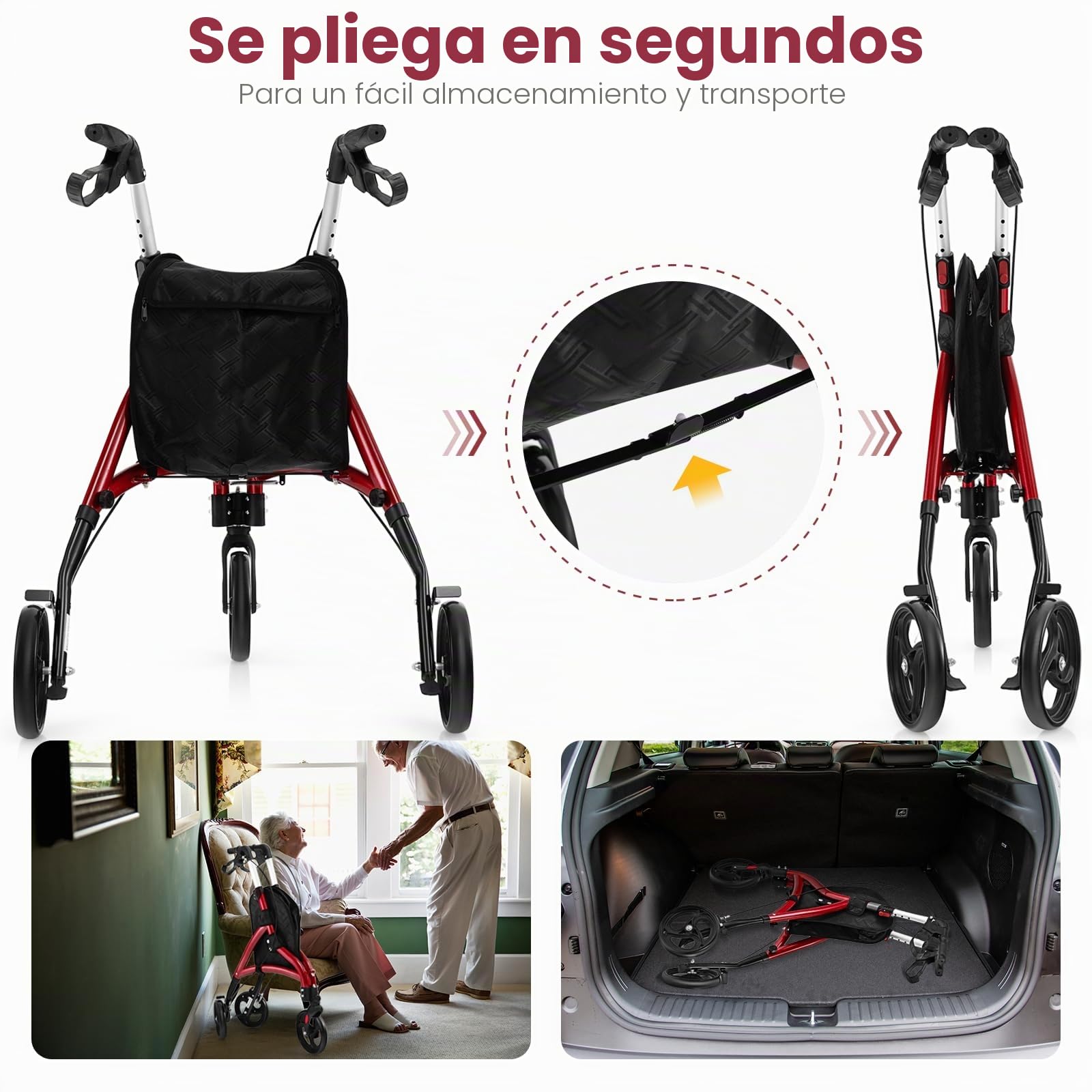 HOMASIS Andador Plegable Ligero de 3 Ruedas, Altura Ajustable, Andador de Aluminio con Bolsa de Almacenamiento para Ancianos, para Todo Tipo de Terreno (Rojo)