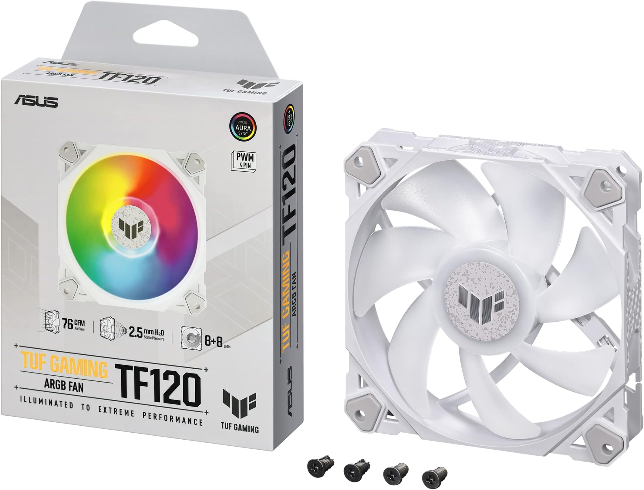 TUF Gaming TF120 ARGB White Edition Chassis Fan 3-Pin Customizable LEDs Blade, Advanced Fluid Dynamic Bearing
