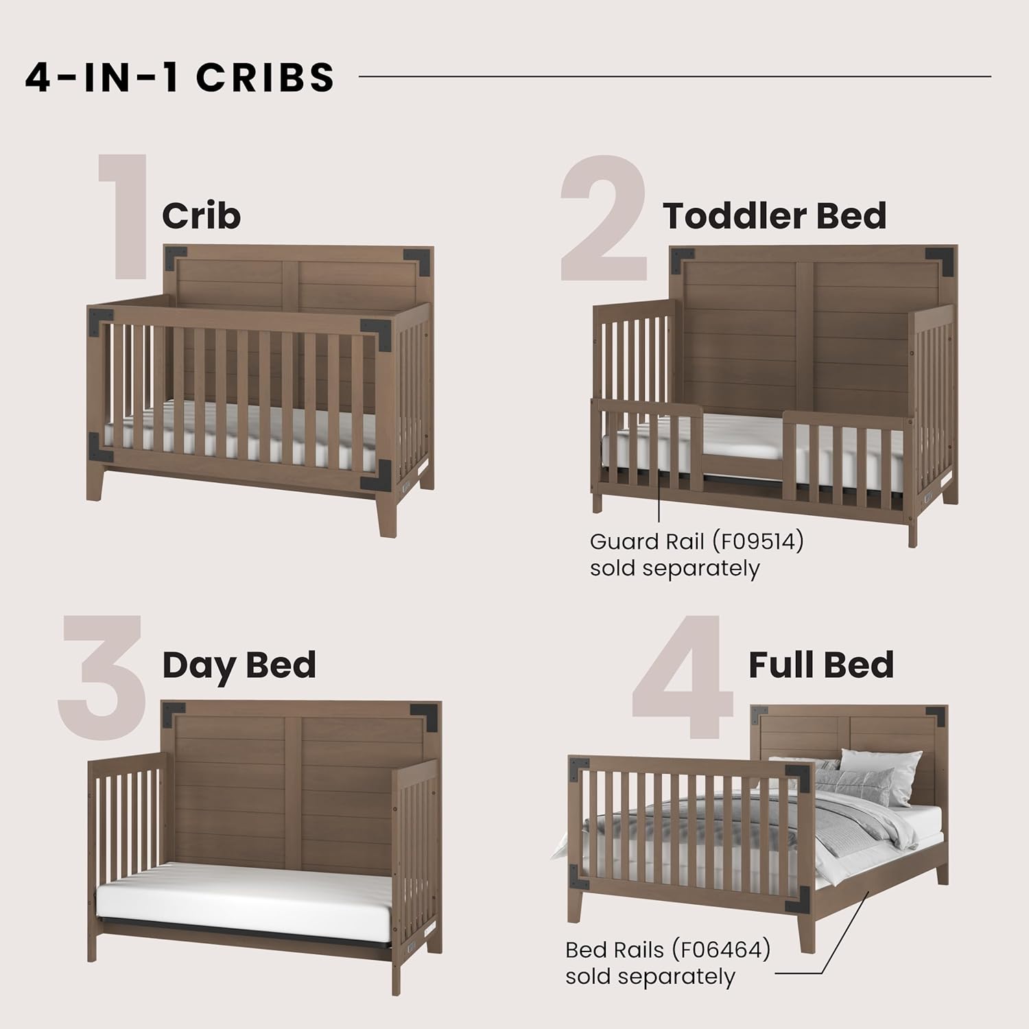 Child Craft Lucas Design 4-in-1 Convertible Baby Crib Nursery Furniture Set - Baby Bed, Toddler Bed and Full Size Bed, 3 Adjustable Mattress Positions, Real Wood, Baby Safe Finish (Dusty Heather)