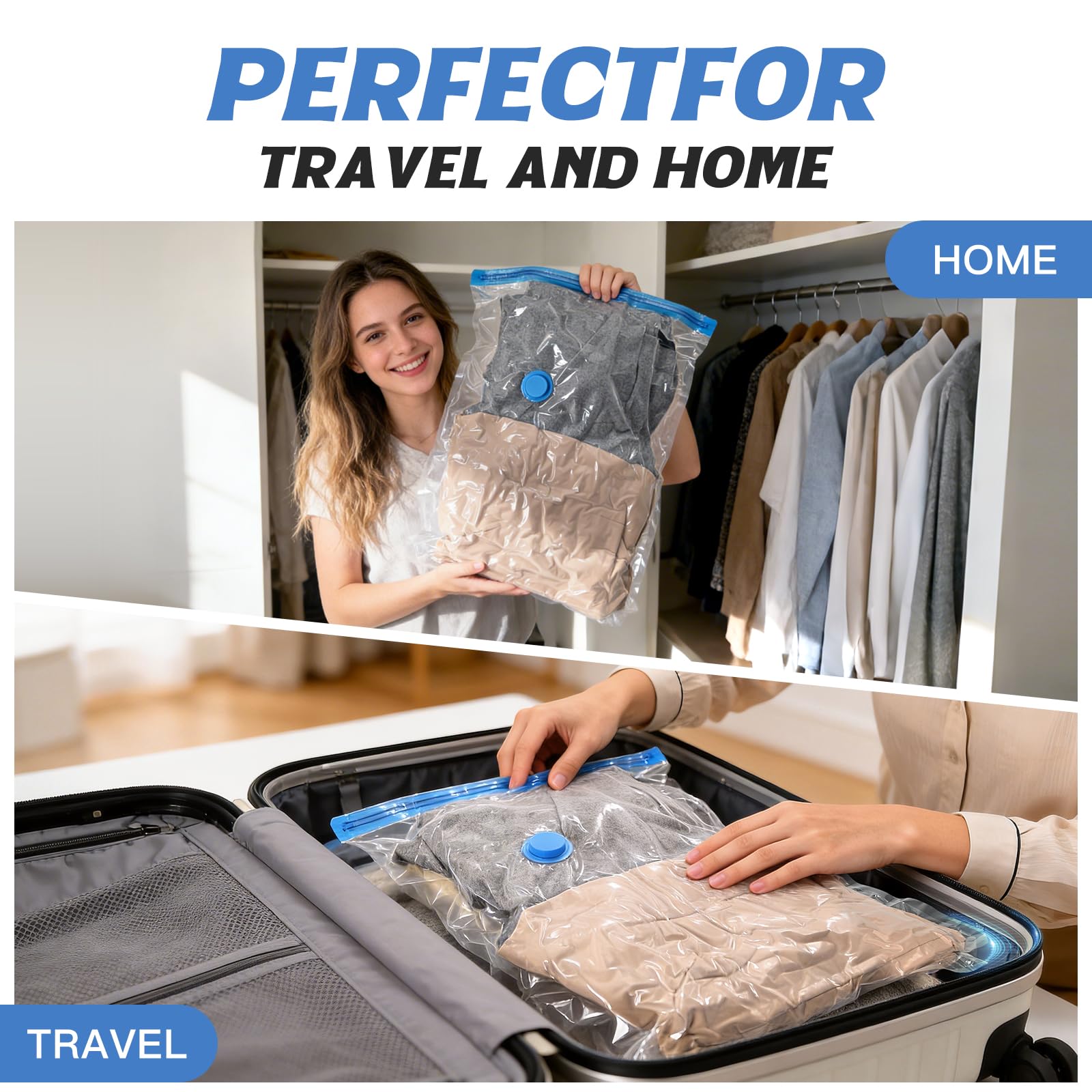 Vakuumbeutel für Kleidung, Speziell für Reisen und Kofferorganisation, Verschiedene Größen 15 Stück (8 * 40x30 cm, 3 * 54x40 cm, 4 * 64x47 cm), Platzsparende Vacuum Bags for Clothing