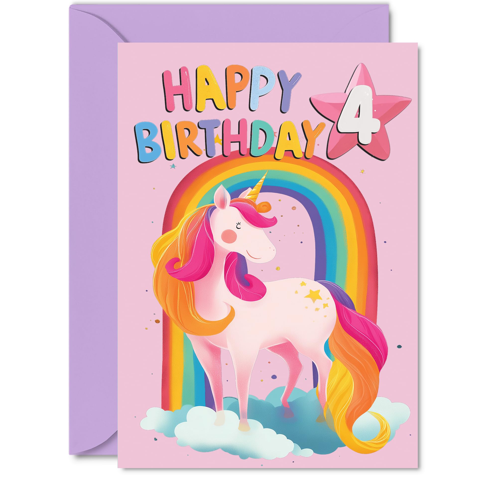 4th Birthday Cards for Girls and Boys, Rainbow Unicorn