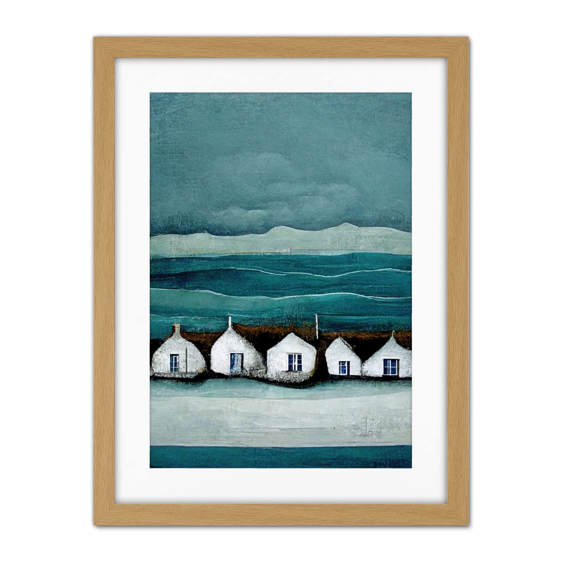 Row Of White Fisherman Cottages Isle Of Jura Artwork Framed Wall Art Print 18X24 Inch