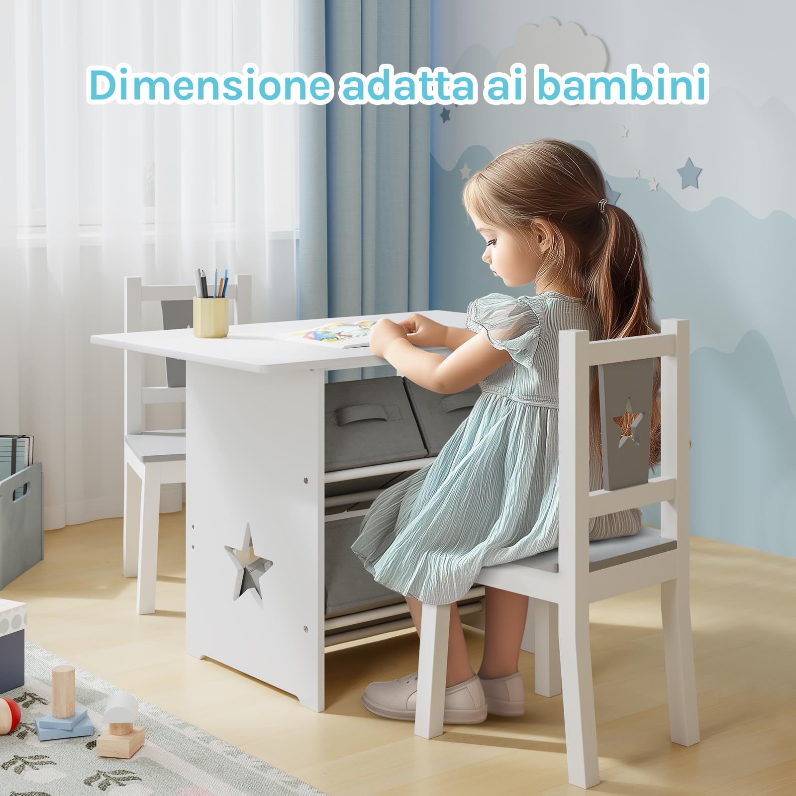 WOLTU Tavolo per Bambini, Scrivania, Tavolino | con Cassetti Tavolino con 2 Sedie in Legno