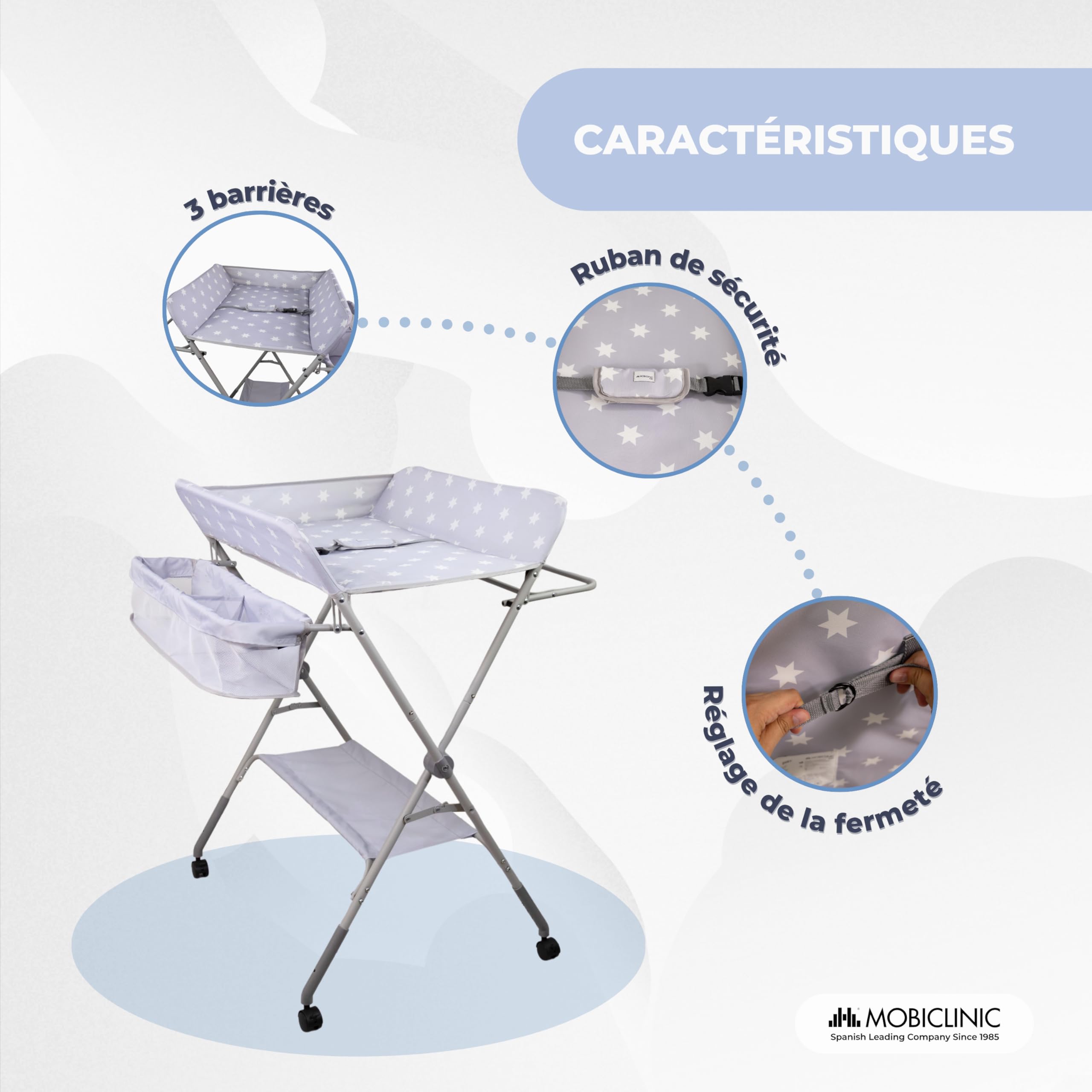 Mobiclinic Table à Langer Pliable Réglable en Hauteur Jusqu'à 15 kg 0-36 Mois Roulettes 360° avec Frein Harnais Barrière de Sécurité Housse Lavable Zoey