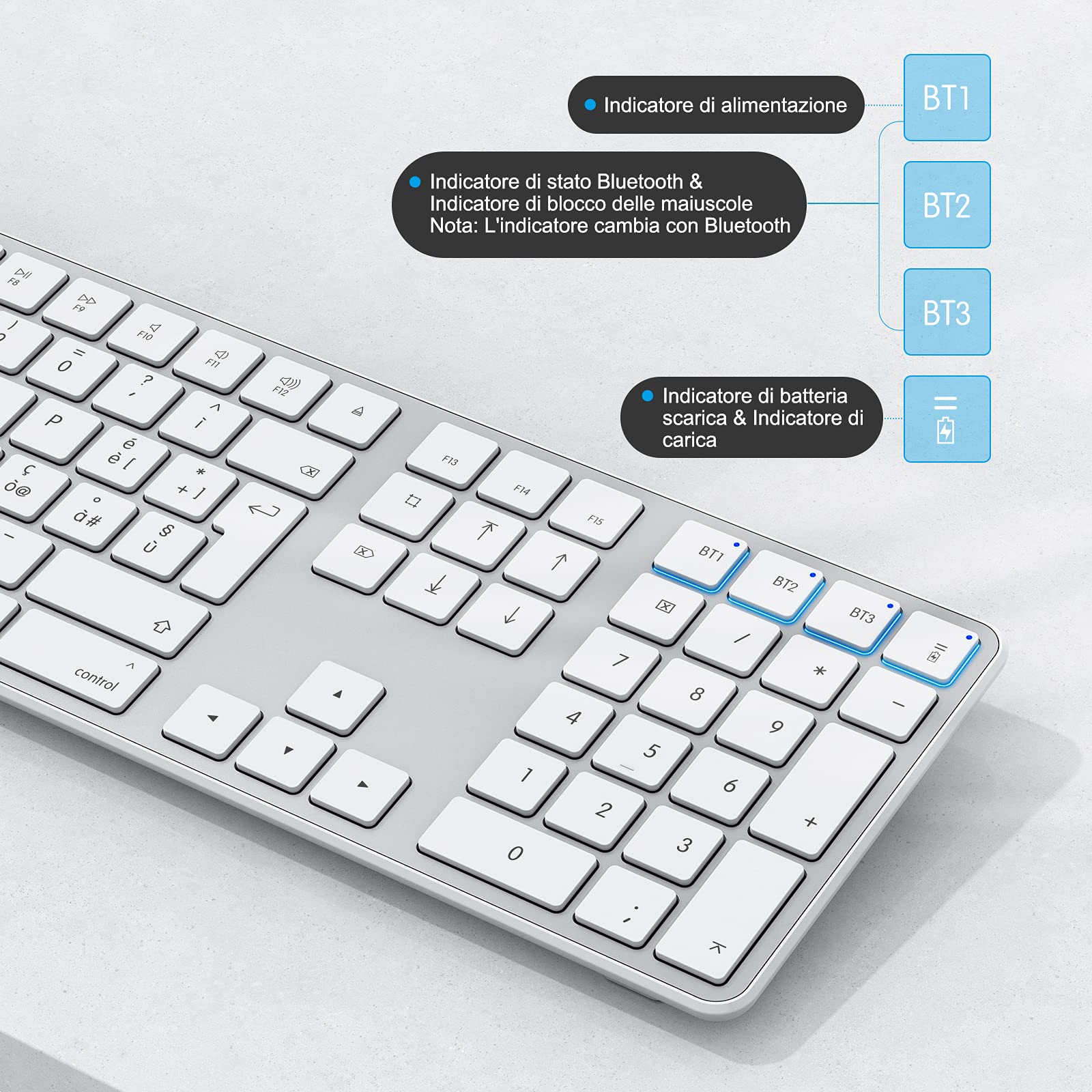 OMOTON Tastiera Bluetooth,Ricaricabile per Mac OS, Layout Italiano con Tastierino Numerico, Compattibile con MacBook Air/Pro/iMac, Tre Modalità Bluetooth e design ergonomico (Bianco)