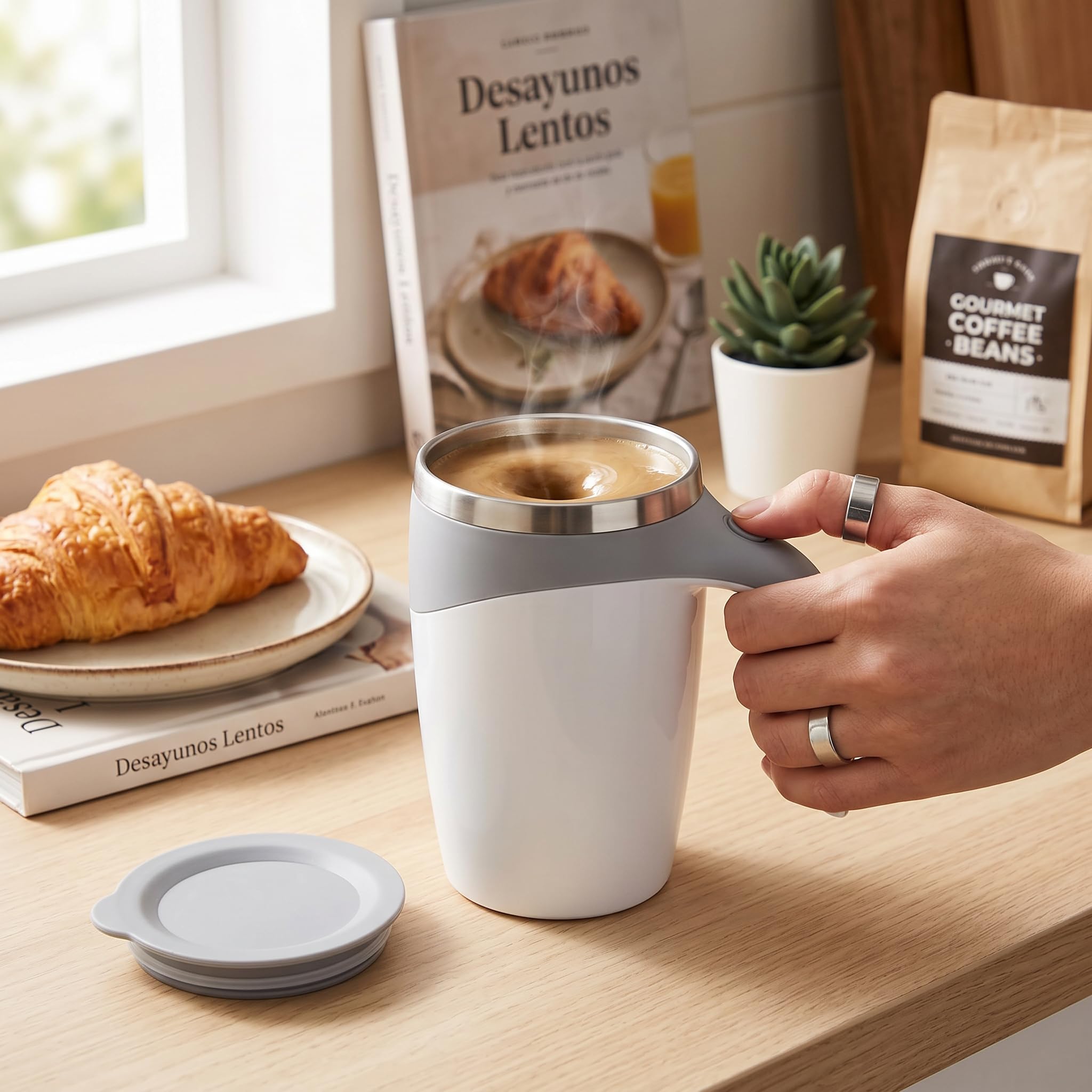 SEAFRONT Taza Autoagitadora de 380ML, Taza Mezcladora Automática de Acero Inoxidable 304, Taza de café Magnética Automática con Tapa para Viajes en Casa y Oficina (Blanco)