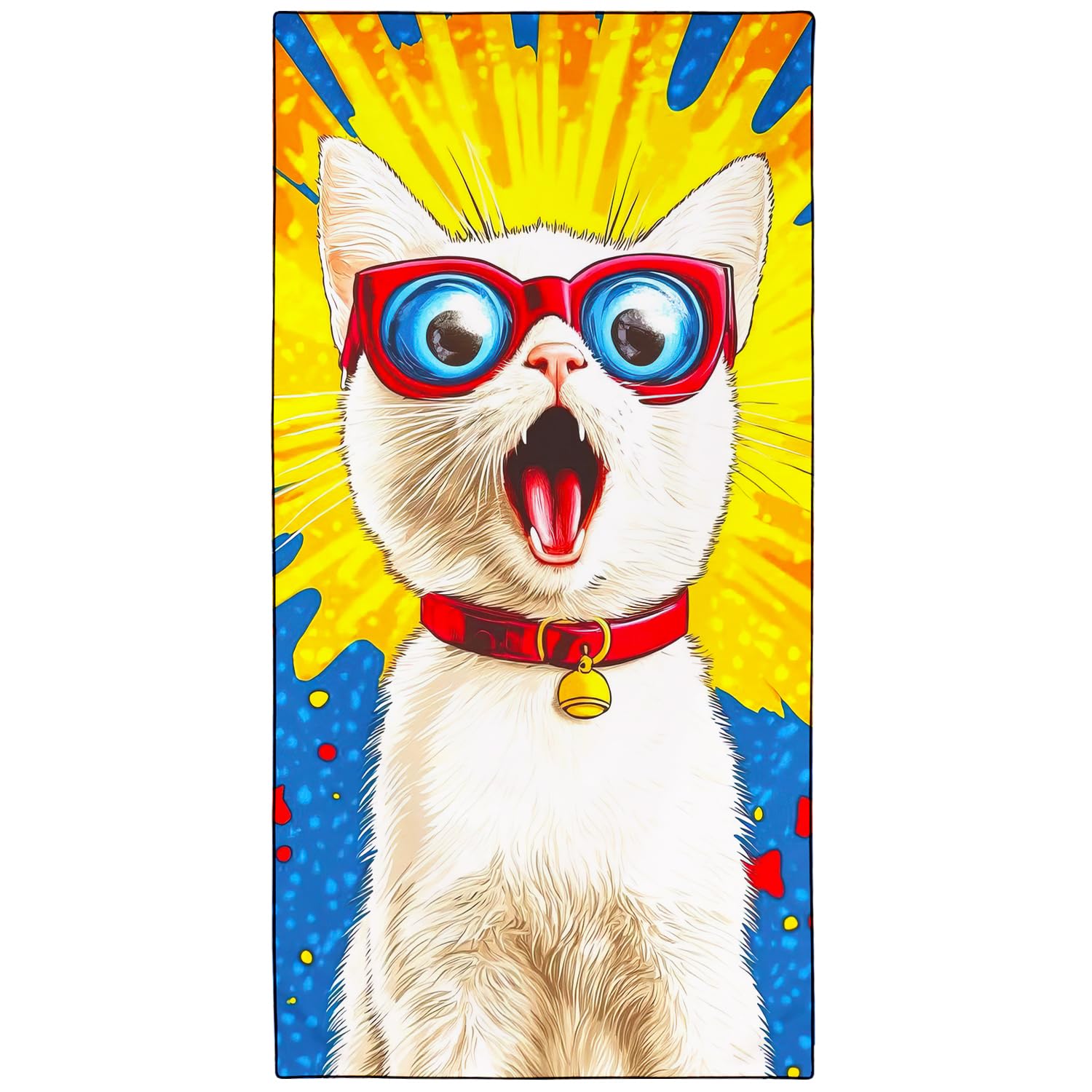 Violetpos Comic Style Glasses White Cat Beach Towel for Kitty Lovers, Extra Large 180x90 cm 250GSM Microfibre, Sand Free Quick Dry, Ideal Vacation Gifts with Carry Bag for Pool Cruise Camping