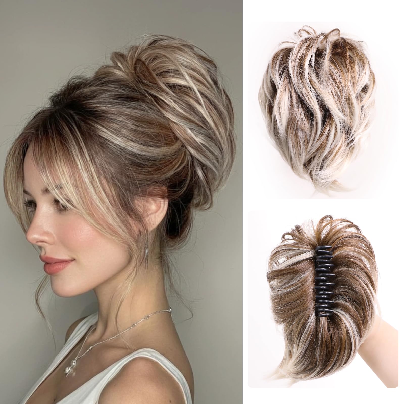 Ponytail Extension Claw Clip Hair Extensions for Women, Synthetic Wig Blonde Hair Piece, 7.8 Inch Short Wavy Ponytail Extension Messy Bun Faux Pony Tail Clip(Brown Mix White)
