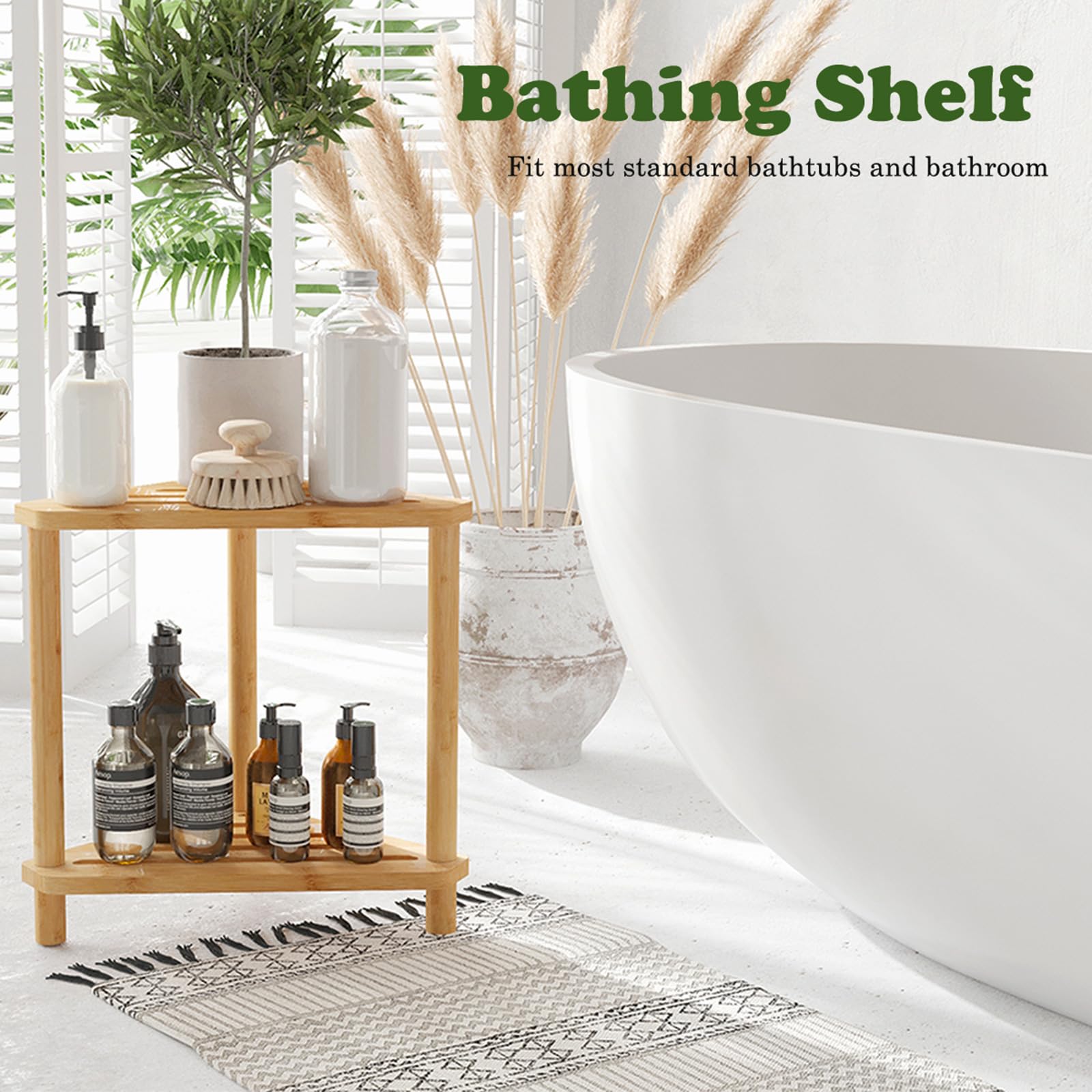 Taburete de ducha de esquina de bambú, taburete de ducha impermeable de 2 niveles para patas de afeitado de ducha interior, espacios pequeños, reposapiés de ducha con estante de almacenamiento, banco