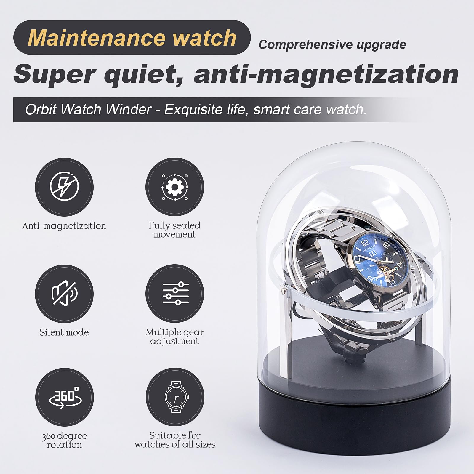 Ultra Leise Uhrenbeweger für Automatikuhren, <15dB Silent Rotation, 4 Modi & 6 Richtungen, für Automatikuhren Rolex/Omega, Anti-Magnetischer Motor mit Glasvitrine (Silber)