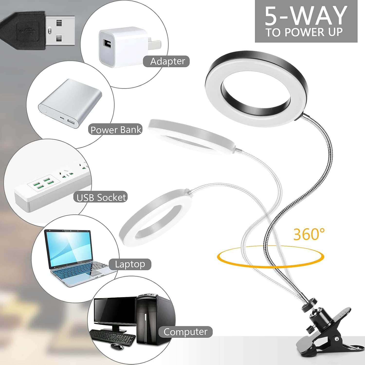 Video Conference Lighting, Ginave Ring Light for Laptop with Clip and Detachable 360 ° Flexible Gooseneck LED Desk Light, Zoom Lighting, Webcam Light,for Computer Monitor/Bed/Study Reading/Work
