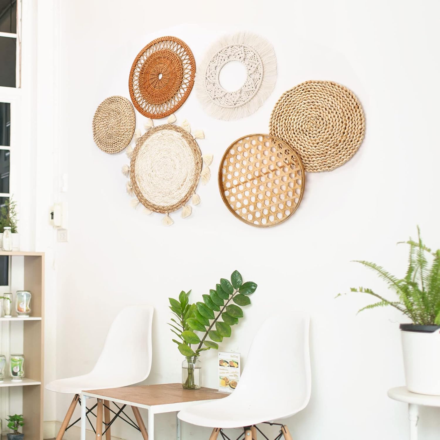 Nuenen Boho Wall Basket Decor Set- Extra Large 8.7 to 15 Inch Boho Macrame Wall Decor Bulrush Woven Round Hanging Tassels Art Decoration for Living Room Headboard Bedroom Home(Classic Style)