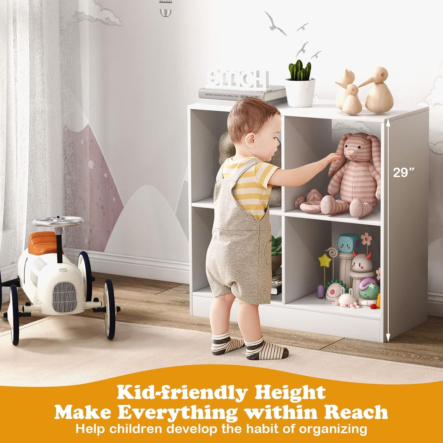 Costzon Toy Organizers and Storage, Wooden White 4-Cube Kids Bookcase for Books Toys Display Organization, Toddler Bookshelf for Bedroom, Living Room, Nursery, Playroom