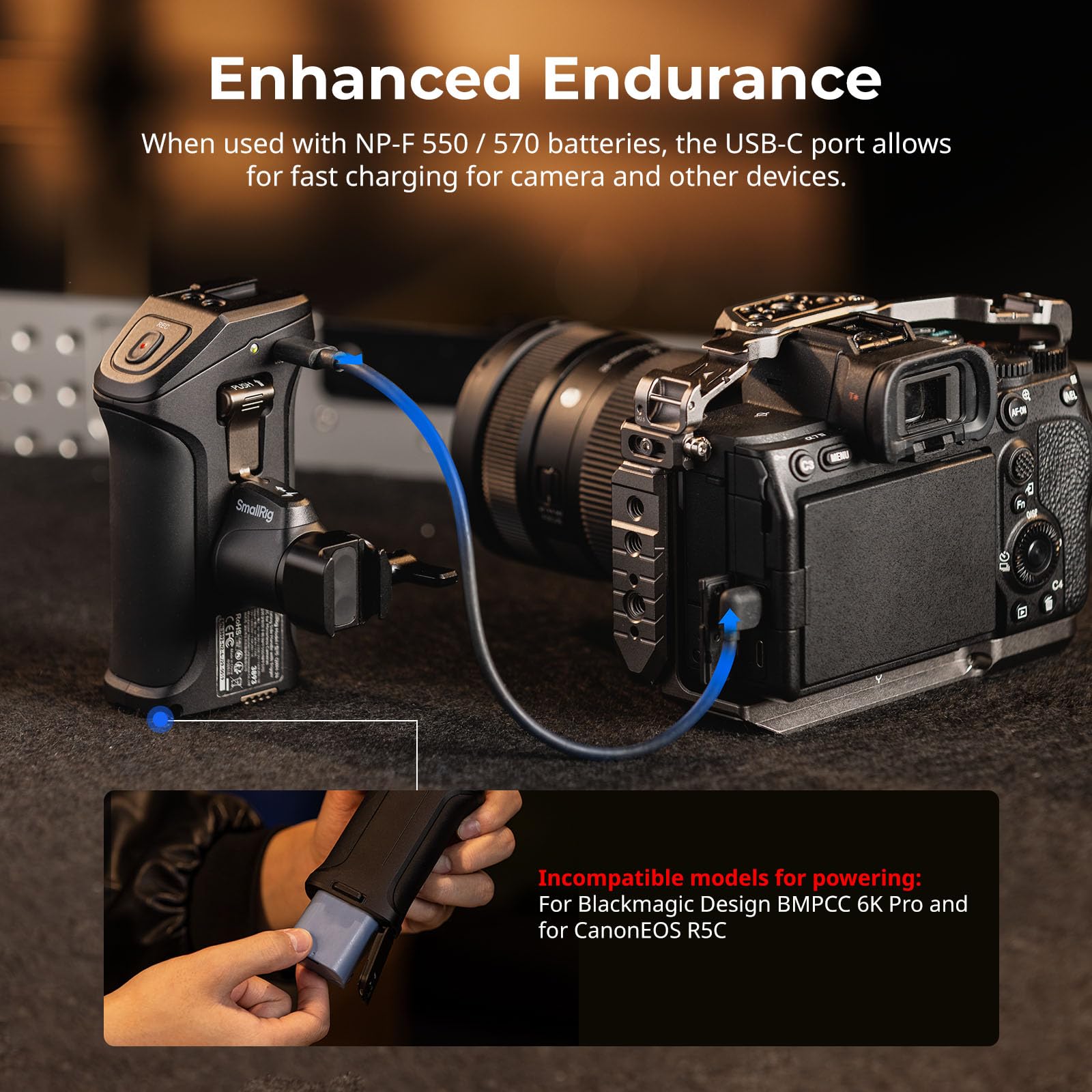 SMALLRIG Maniglia Laterale Rotante con Trigger REC Fotocamere per Canon/Blackmagic Design Selezionate, Compatibile con Batteria F550/570, Controllo Otturatore, per Canon R3 / R5 / R6-5235