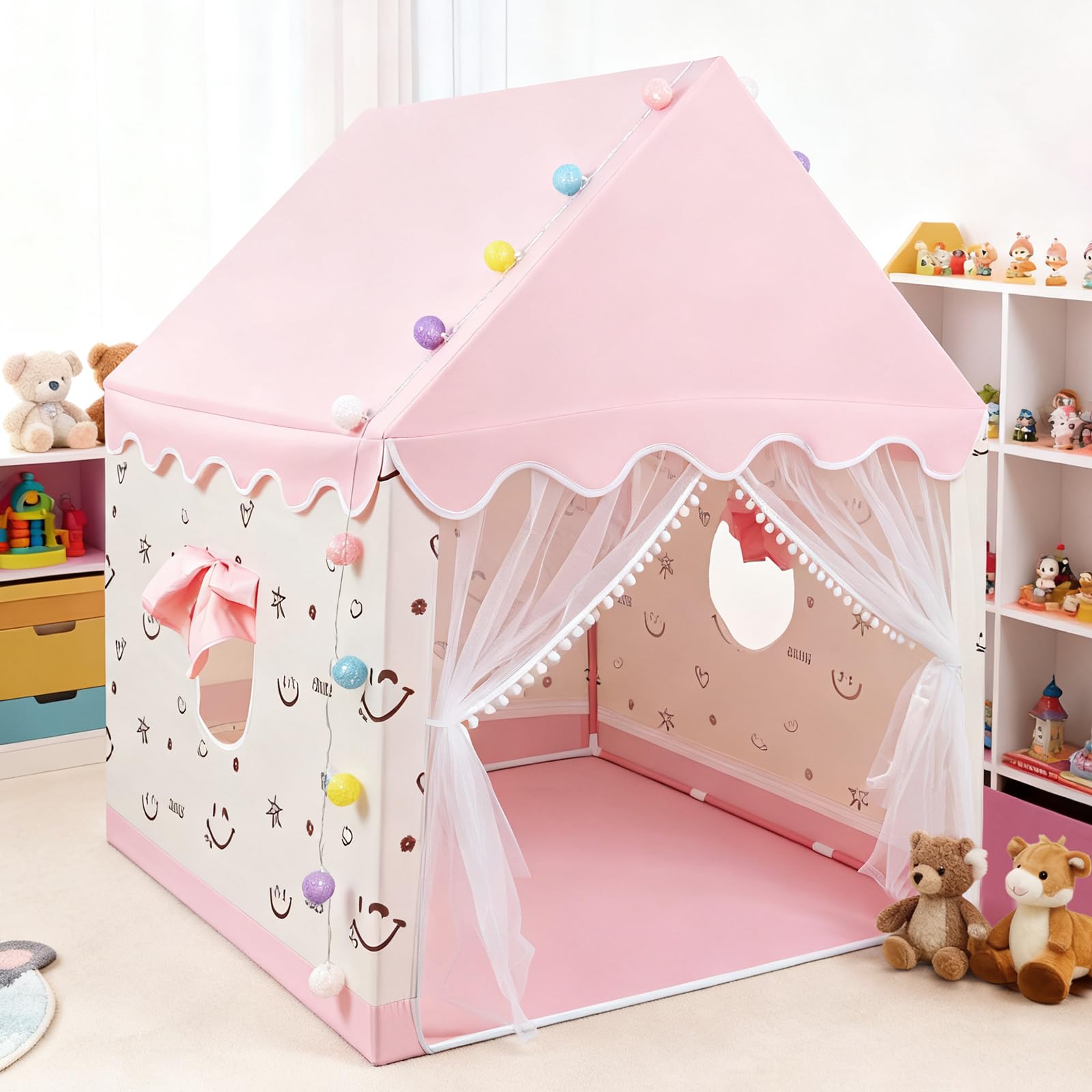 eSynic Tenda da Gioco per Bambini con Luci LED Decorative, Casetta Stanza di Attività Giochi Riposo con 2 Finestre per 2-3 Piccoli, Angolo da Lettura Studio, Facile da Montare - Rosa