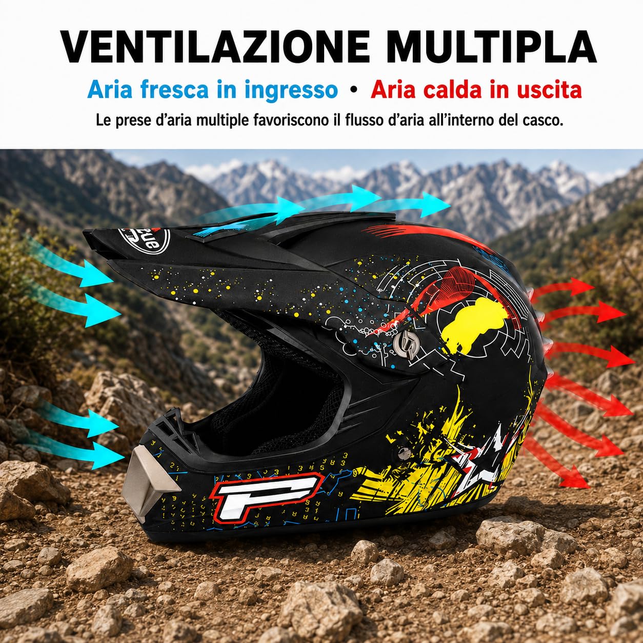 Casco Moto Cross Adulto Multicolore, Set 4 in 1 per Off-Road e MTB