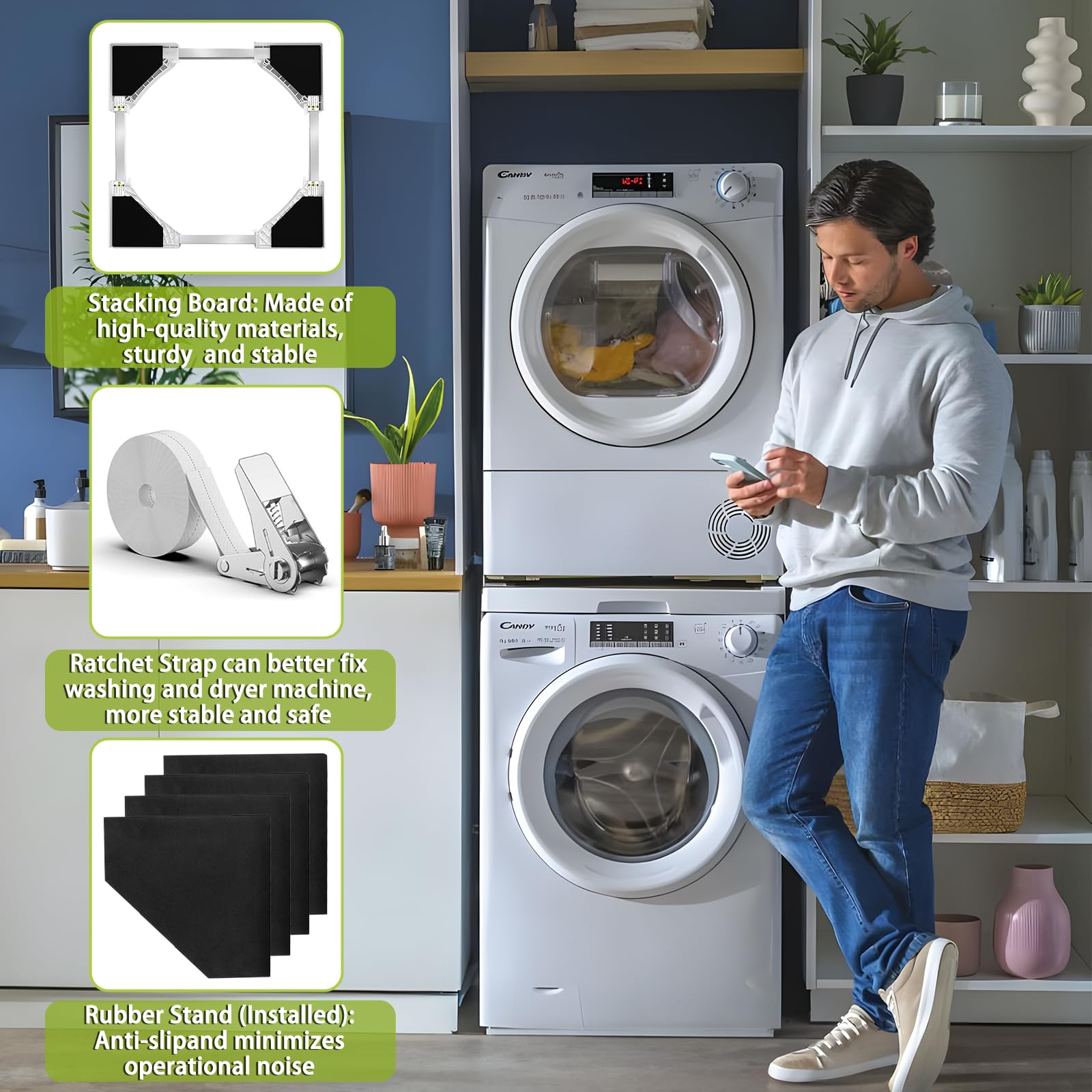Universal Stapelset Verbindungsrahmen für Waschmaschine Trockner mit Spanngurte Ratsche 42-70cm