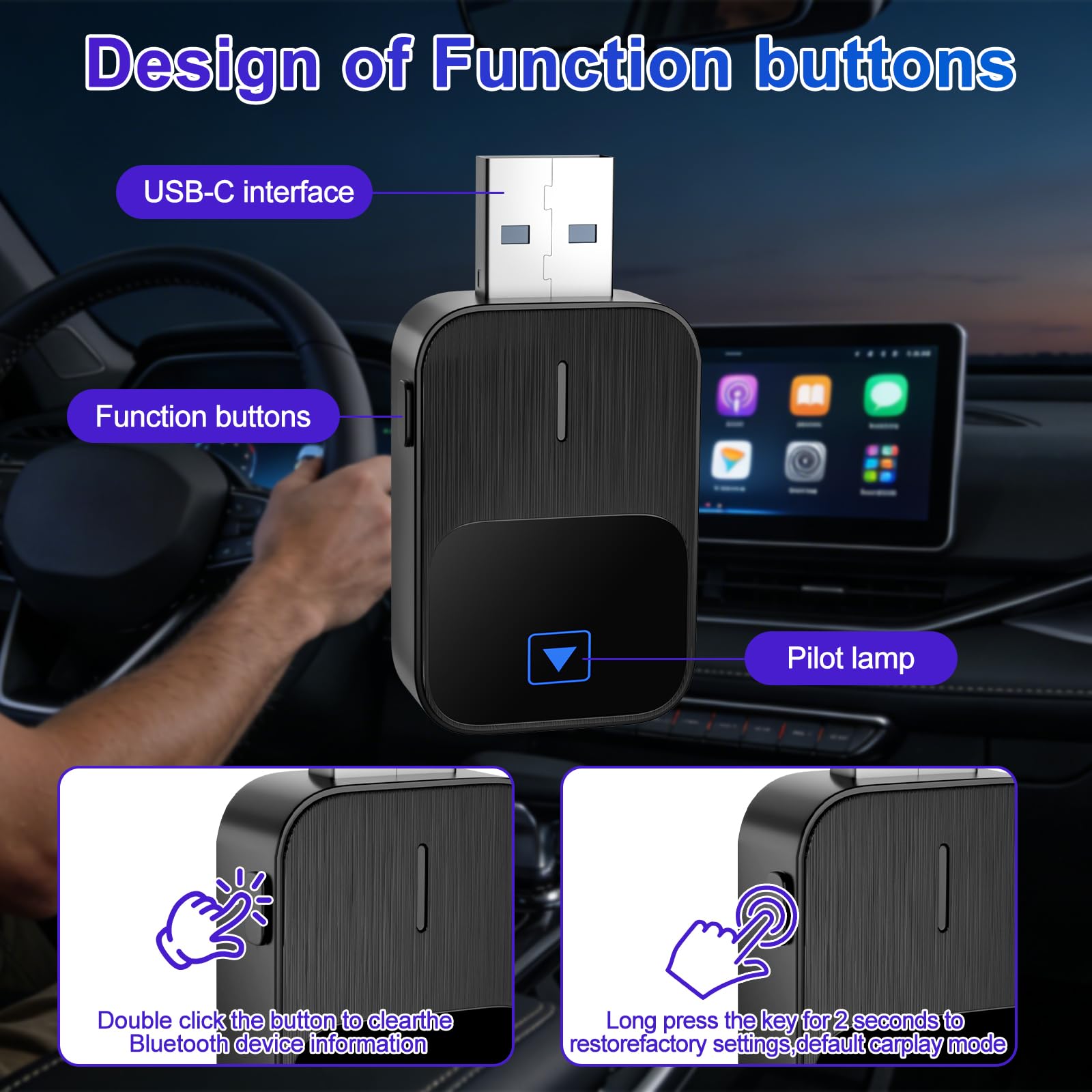 Mineup Adapter Wireless Android CarPlay, 2 in 1 Chiavetta per Convertire Cablato in Wireless, Supporta iOS 10+ e Android 11+